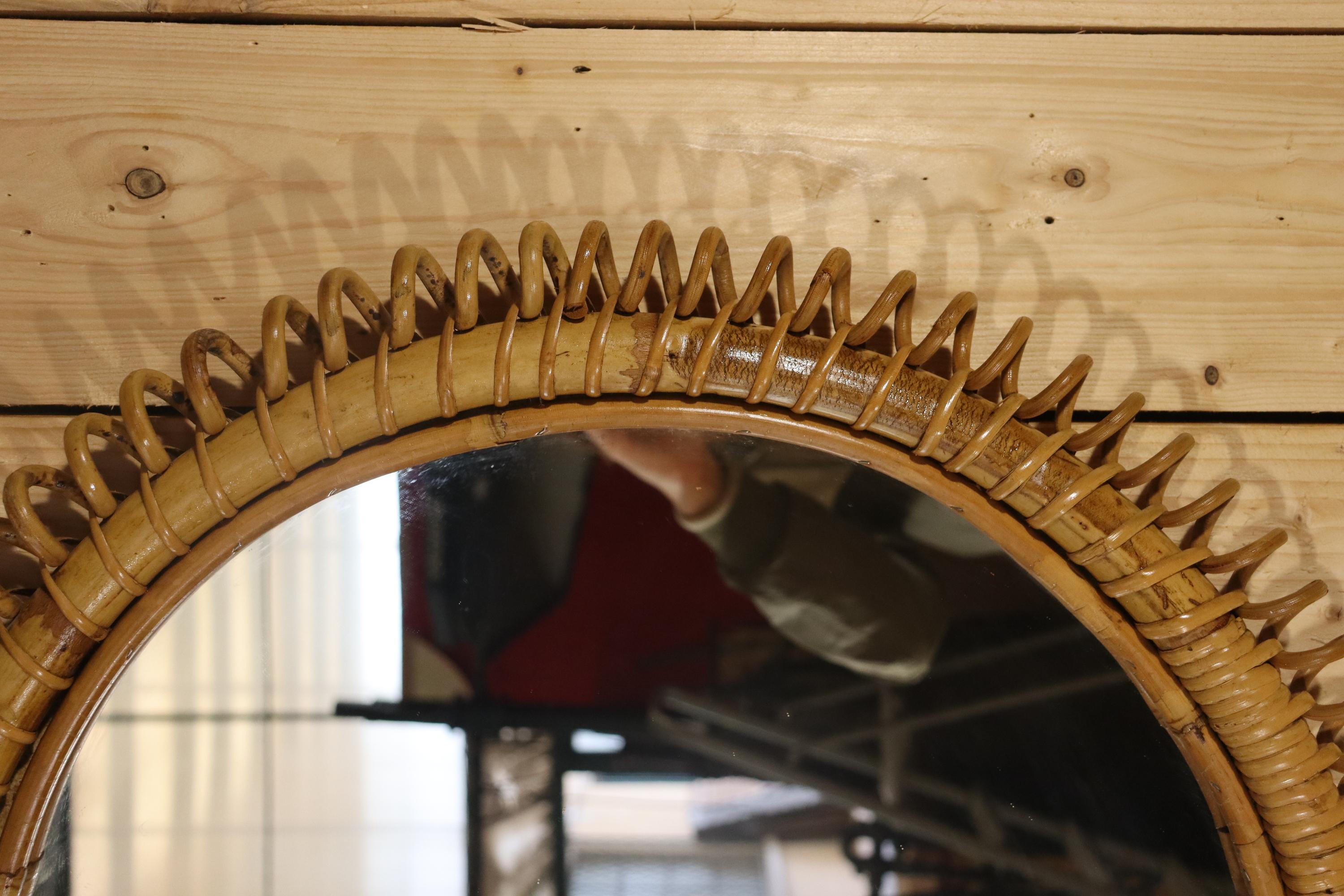 Round Bamboo And Rattan Mirror By Franco Albini 1960 Bon état - En vente à Charmes, FR
