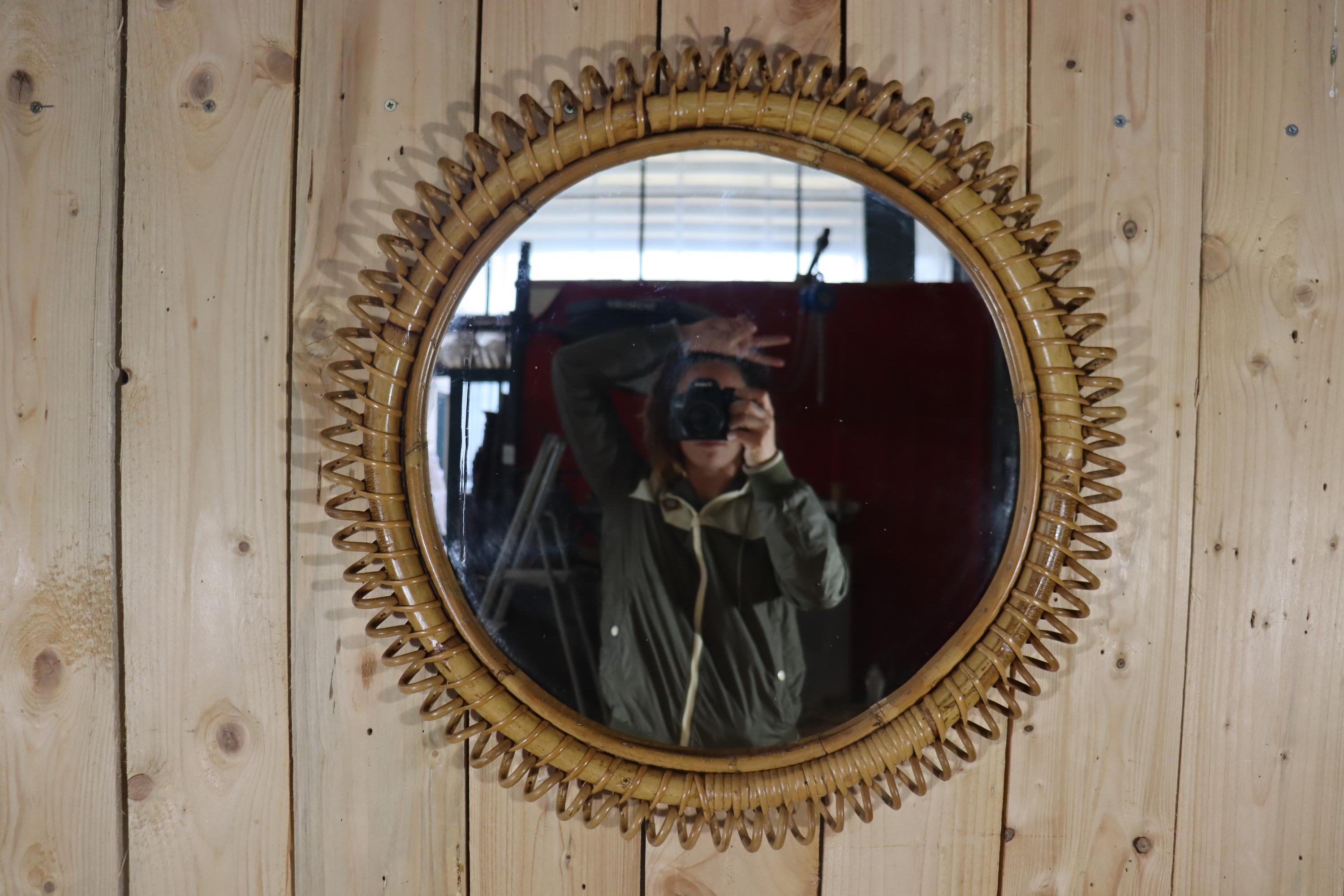 20ième siècle Round Bamboo And Rattan Mirror By Franco Albini 1960 en vente