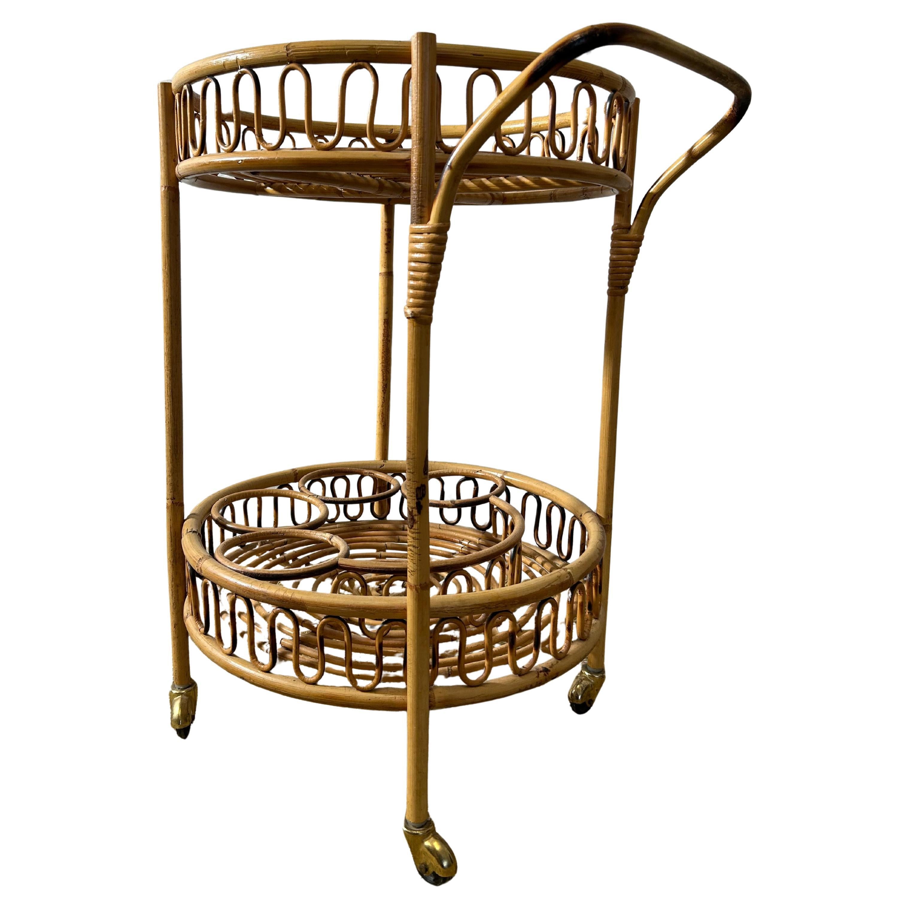 Round Bamboo Bar Cart in the Style of Franco Albini, 1960
s For Sale