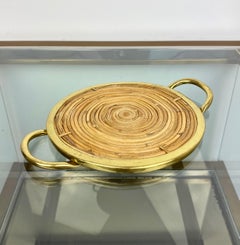 Round Bamboo Rattan and Brass Serving Tray, Italy, 1970s
