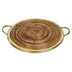 Round Bamboo, Rattan and Brass Serving Tray, Italy 1970s