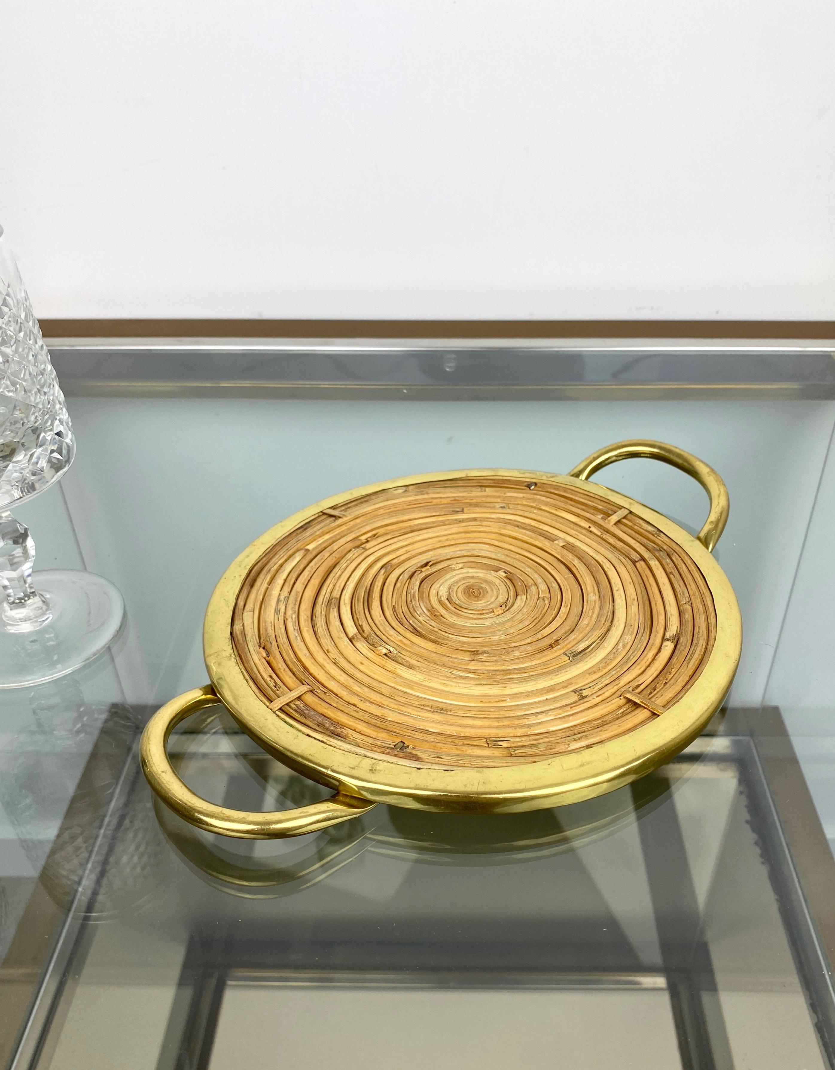 Mid-Century Modern Round Bamboo Rattan and Brass Serving Tray, Italy, 1970s