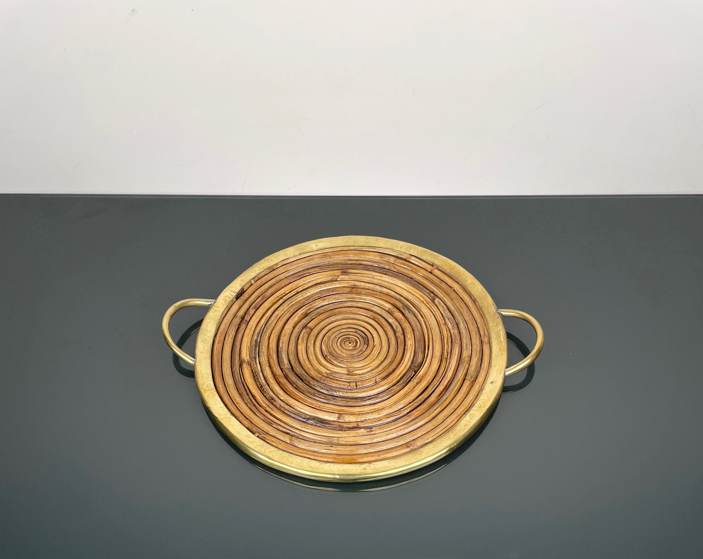 Mid-Century Modern Round Bamboo, Rattan and Brass Serving Tray, Italy 1970s For Sale