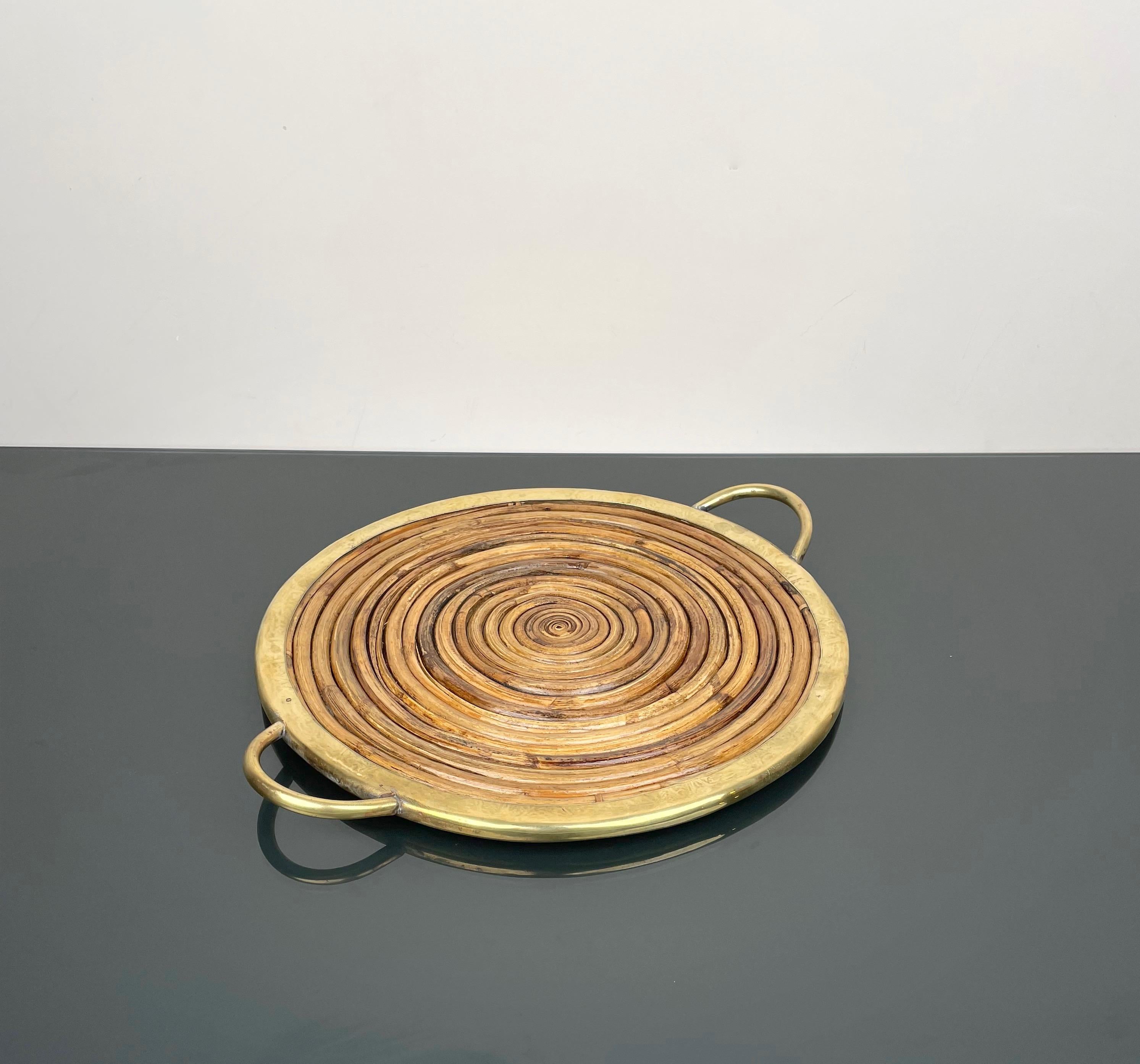 Italian Round Bamboo, Rattan and Brass Serving Tray, Italy 1970s For Sale