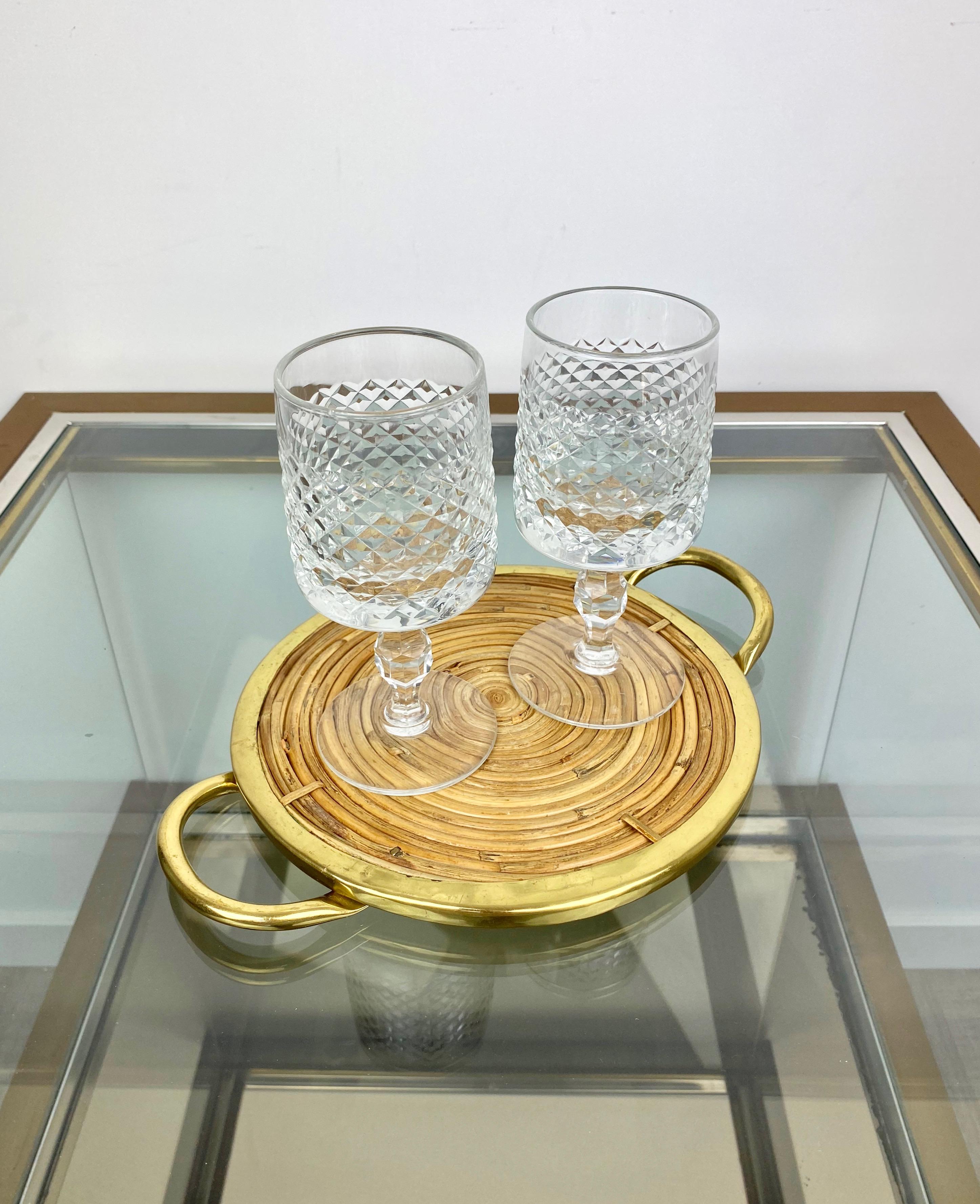 Round Bamboo Rattan and Brass Serving Tray, Italy, 1970s In Good Condition In Rome, IT
