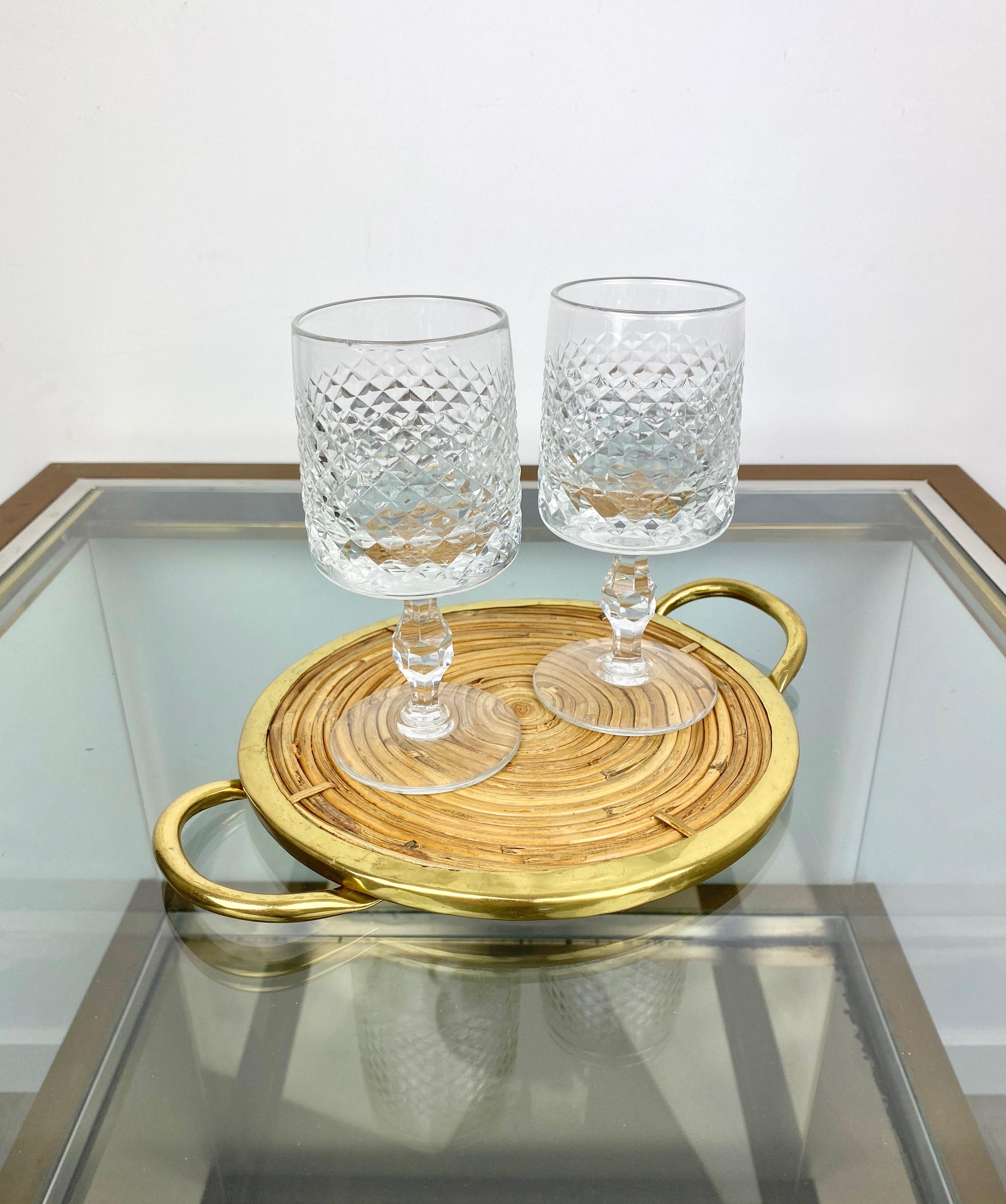 Late 20th Century Round Bamboo Rattan and Brass Serving Tray, Italy, 1970s