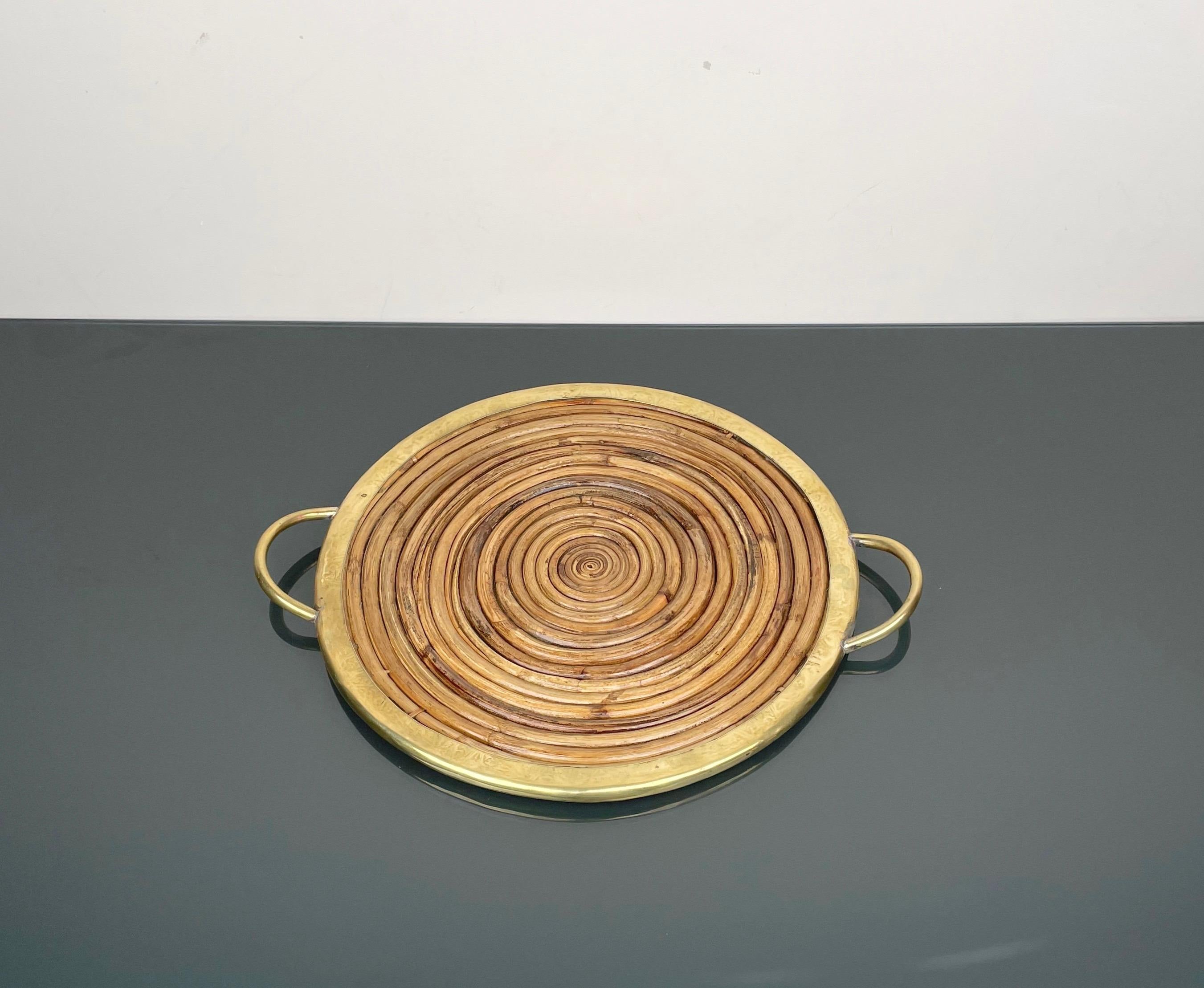 Late 20th Century Round Bamboo, Rattan and Brass Serving Tray, Italy 1970s For Sale