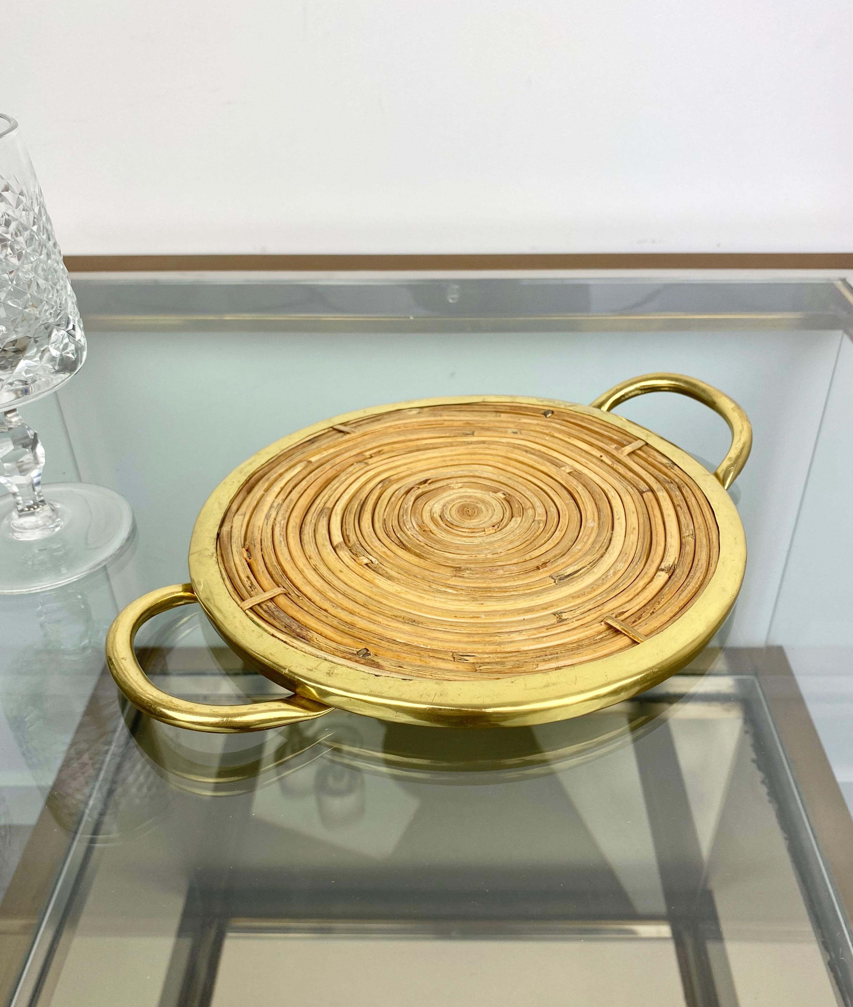 Metal Round Bamboo Rattan and Brass Serving Tray, Italy, 1970s