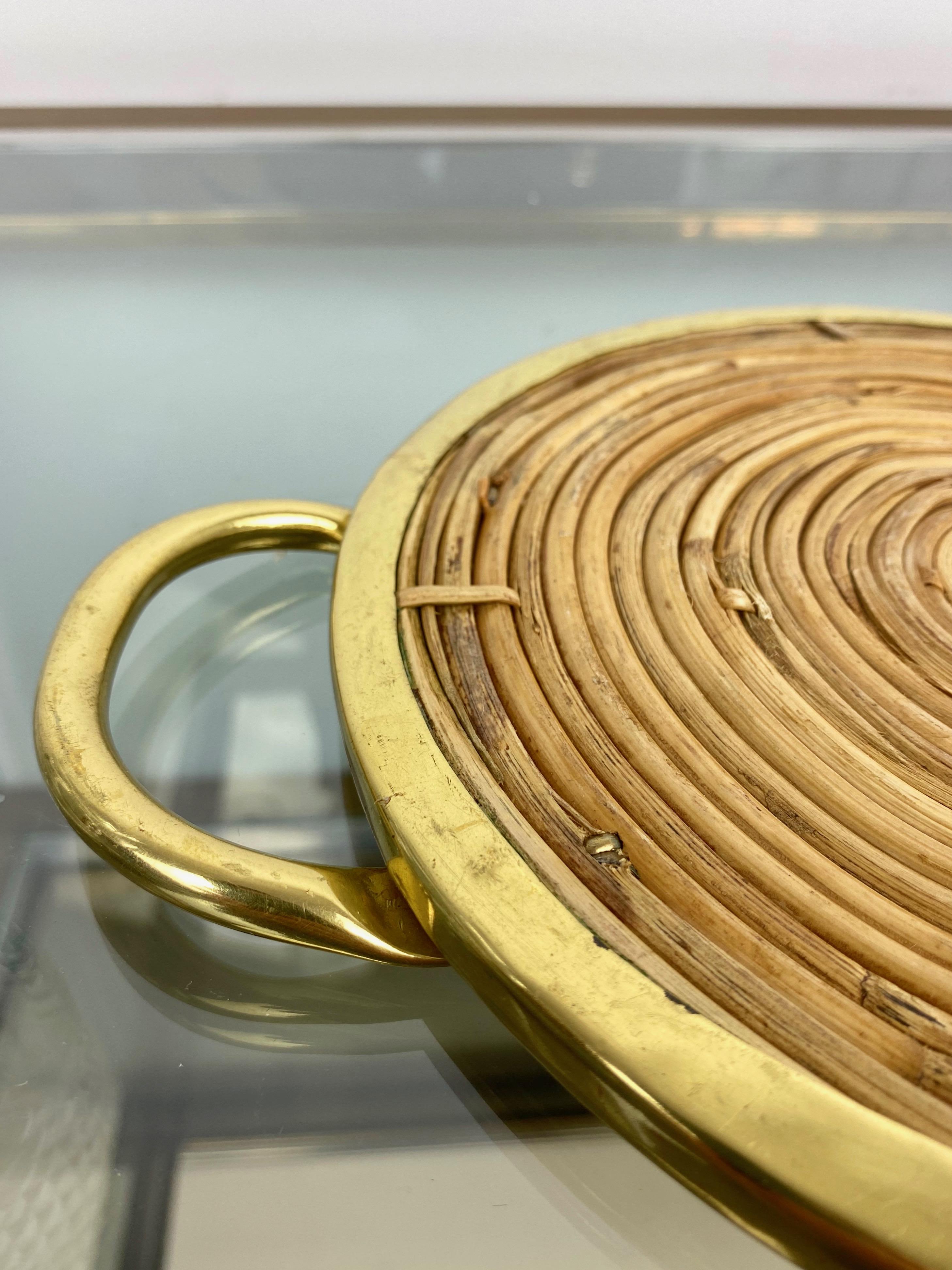 Round Bamboo Rattan and Brass Serving Tray, Italy, 1970s 1