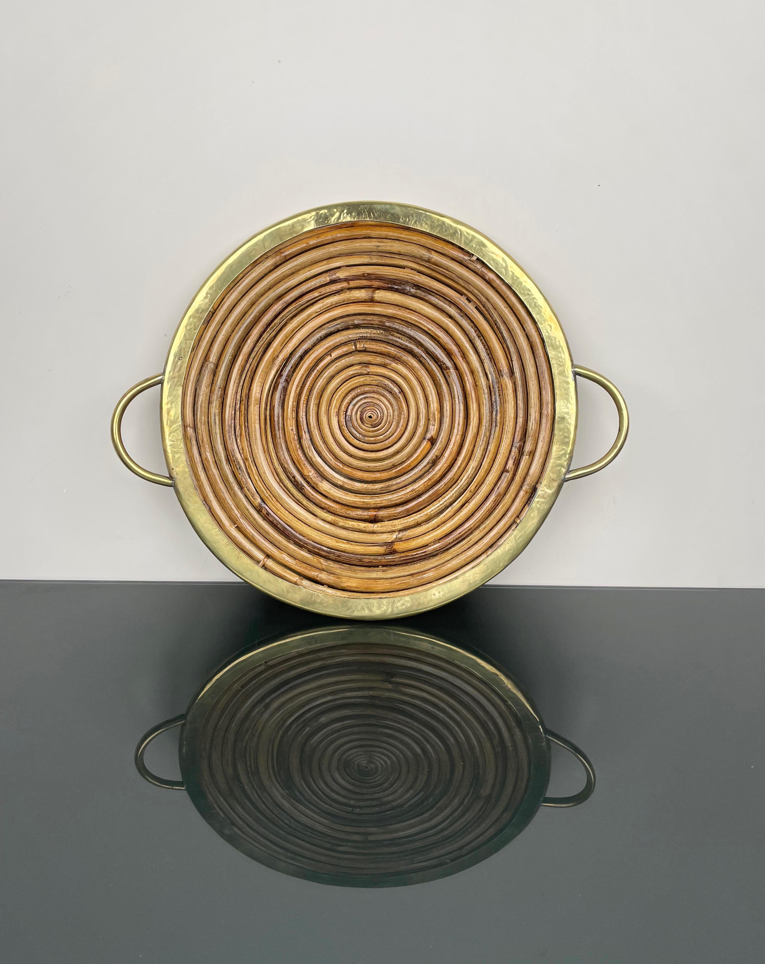 Round Bamboo, Rattan and Brass Serving Tray, Italy 1970s For Sale 1