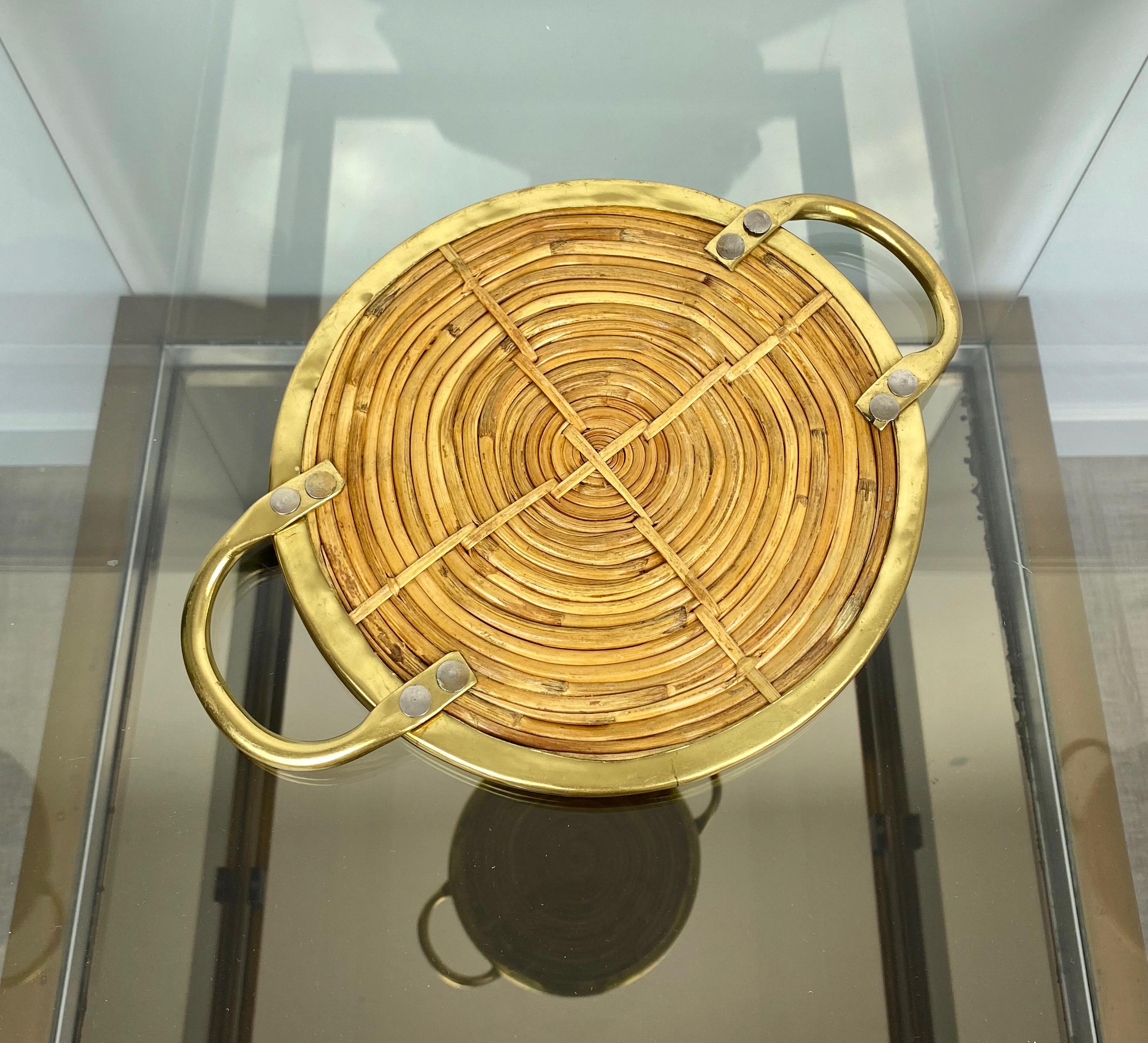 Round Bamboo Rattan and Brass Serving Tray, Italy, 1970s 2