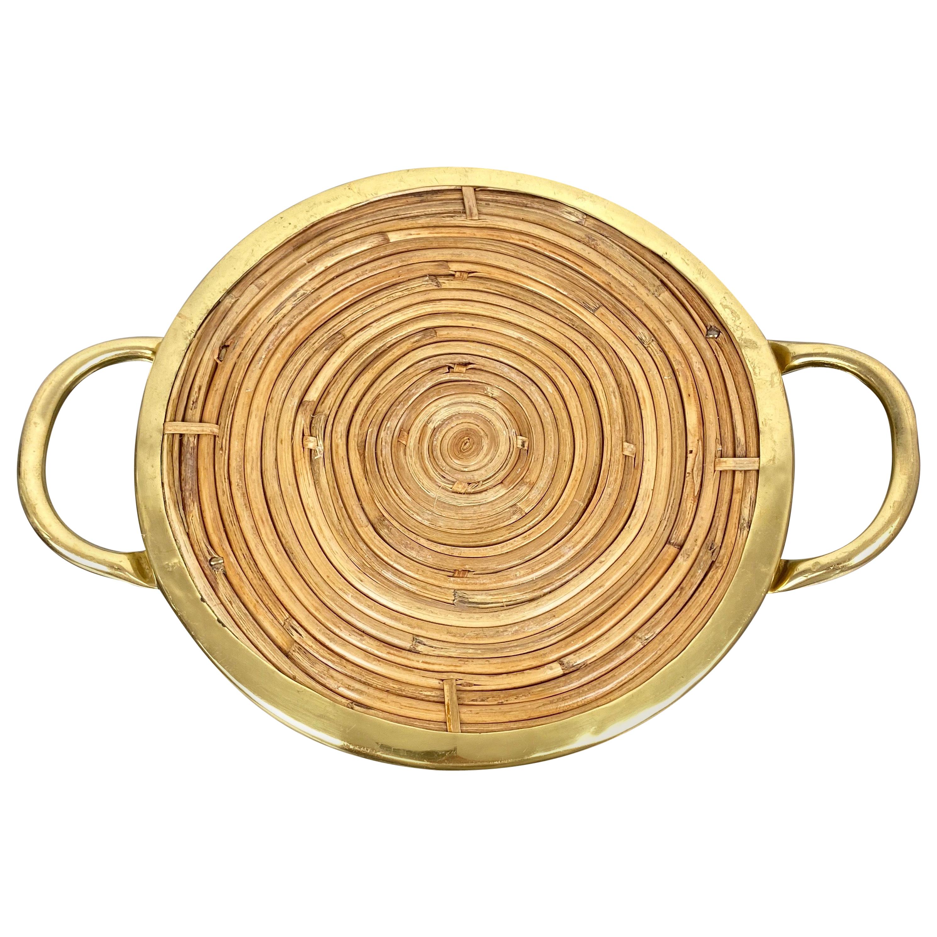 Round Bamboo Rattan and Brass Serving Tray, Italy, 1970s