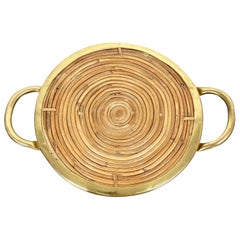 Round Bamboo Rattan and Brass Serving Tray, Italy, 1970s