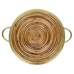Used Round Bamboo, Rattan and Brass Serving Tray, Italy 1970s