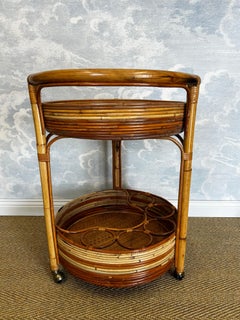 Round Bamboo & Rattan Bar Cart With 3 Columns, Italy, 1960's