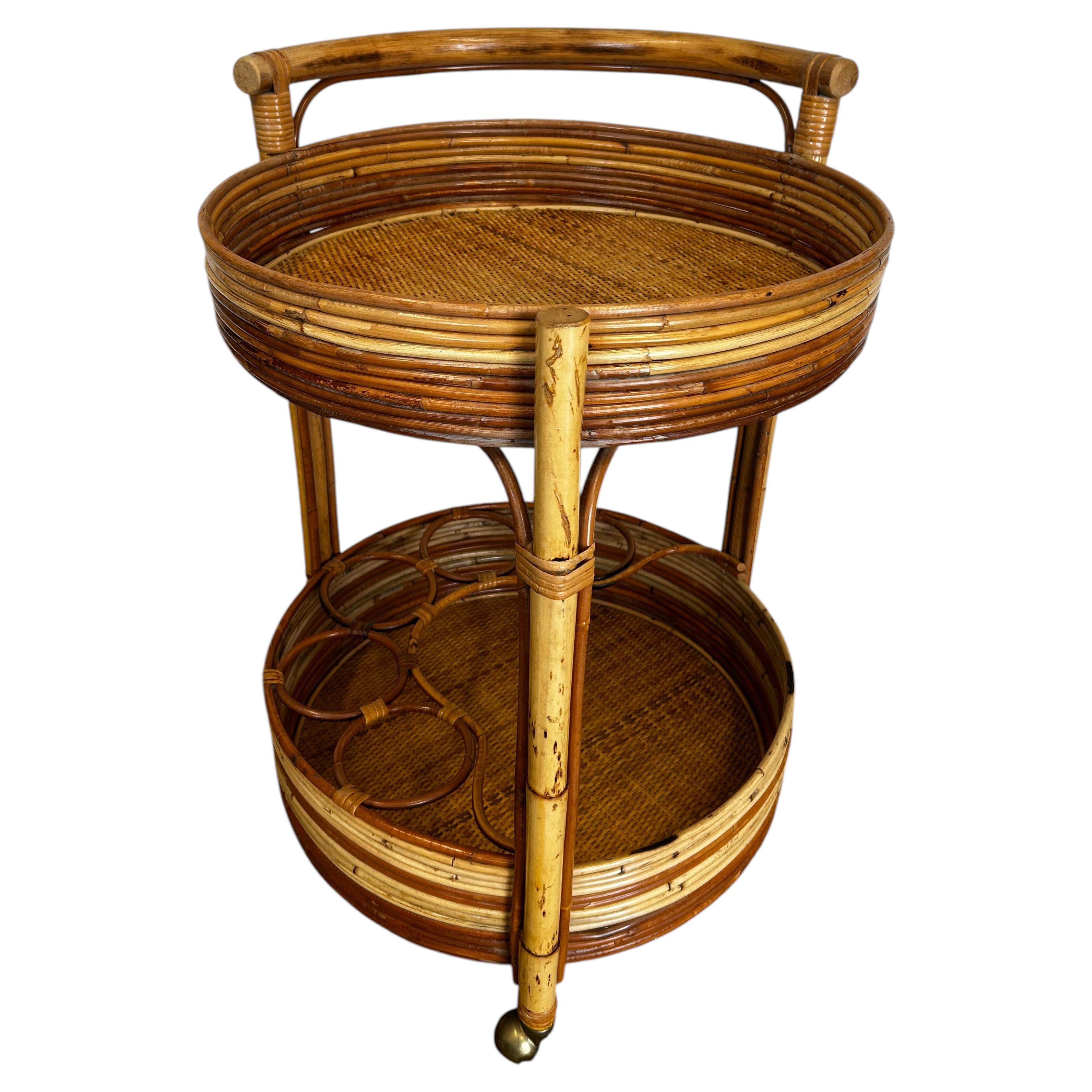 Round Bamboo & Rattan Bar Cart With 3 Columns, Italy, 1960's For Sale