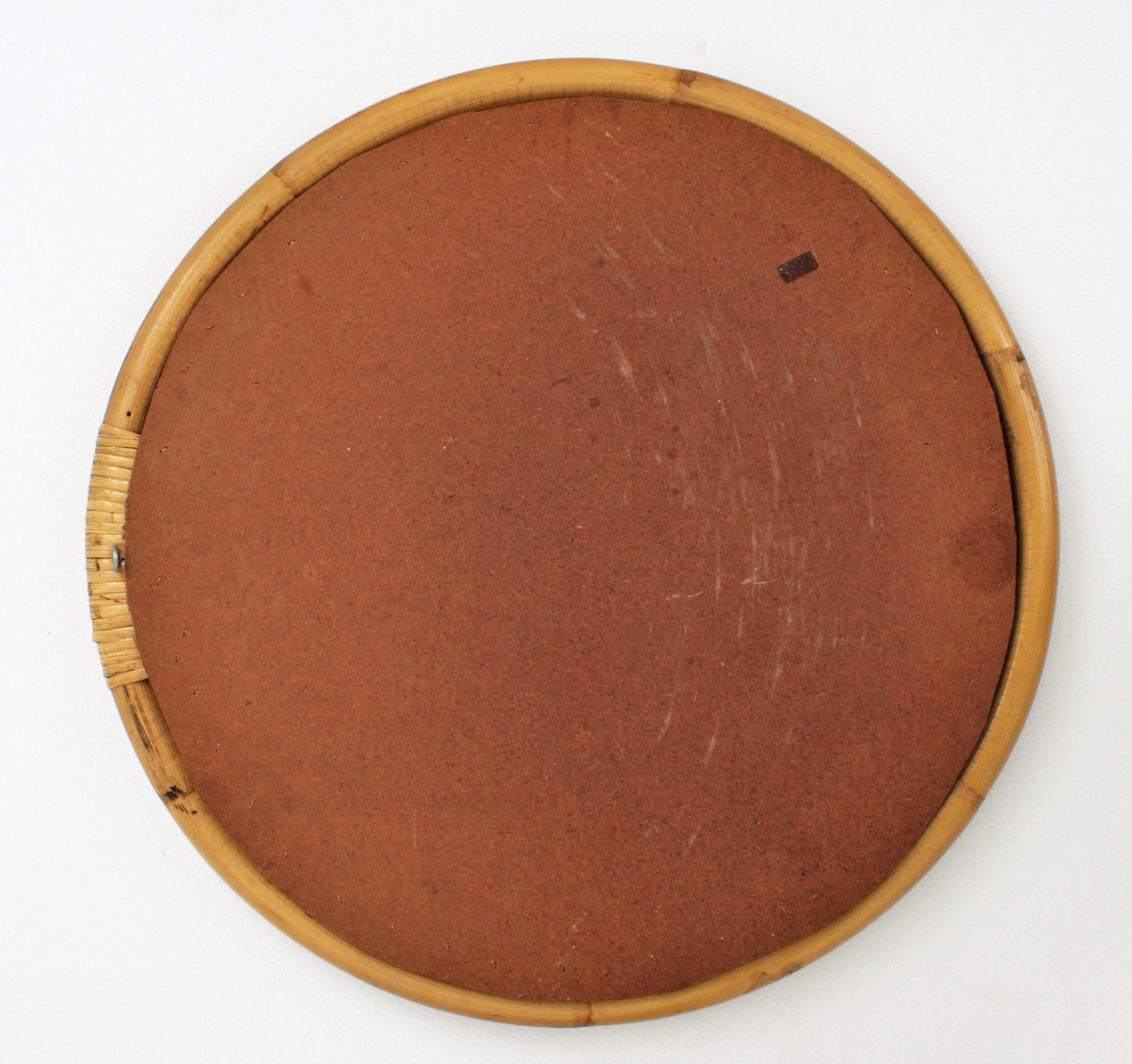 Wicker Spanish Rattan Bamboo Round Mirror, 1960s For Sale