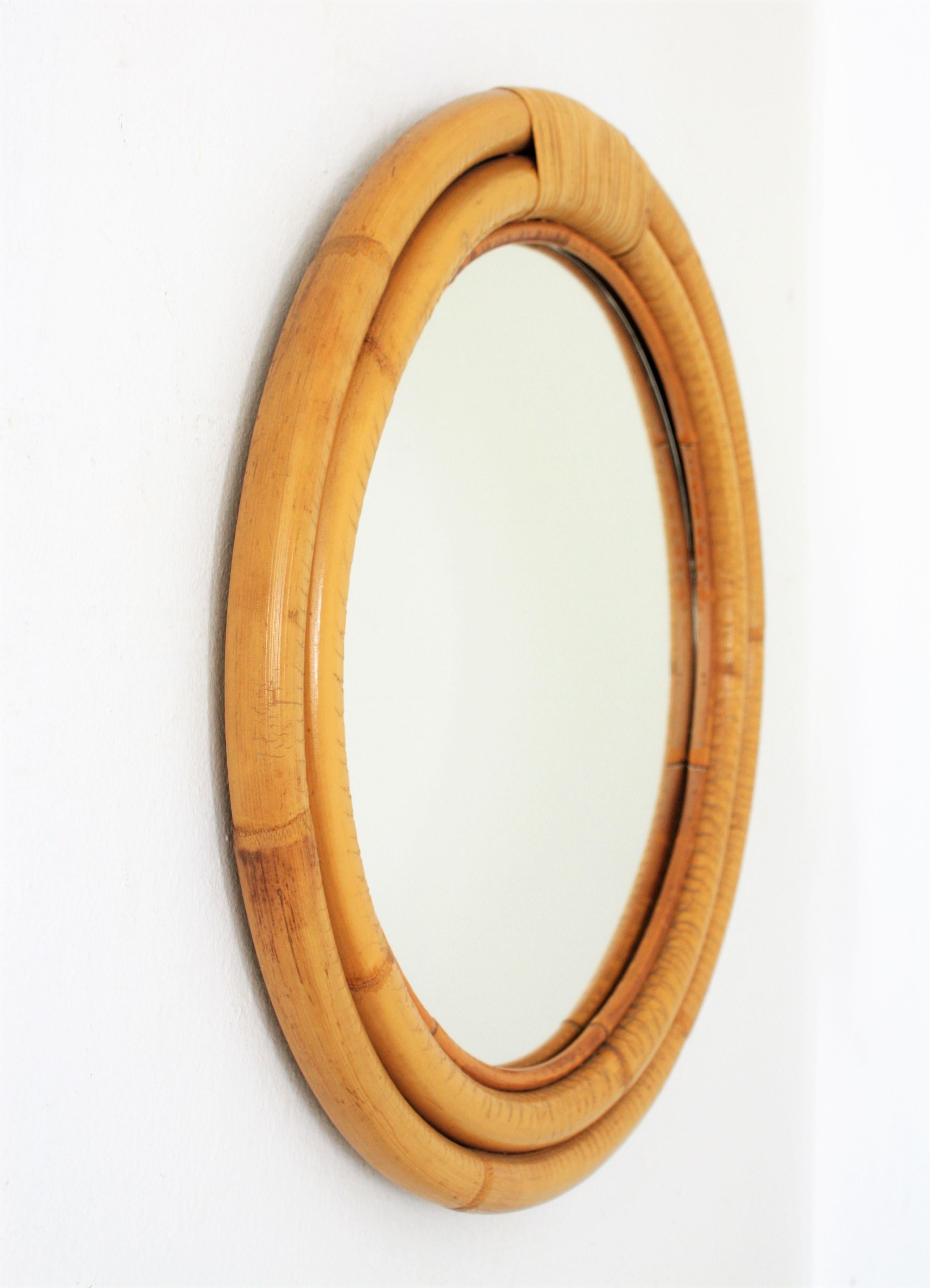 Mid-Century Modern Spanish Rattan Bamboo Round Mirror, 1960s For Sale