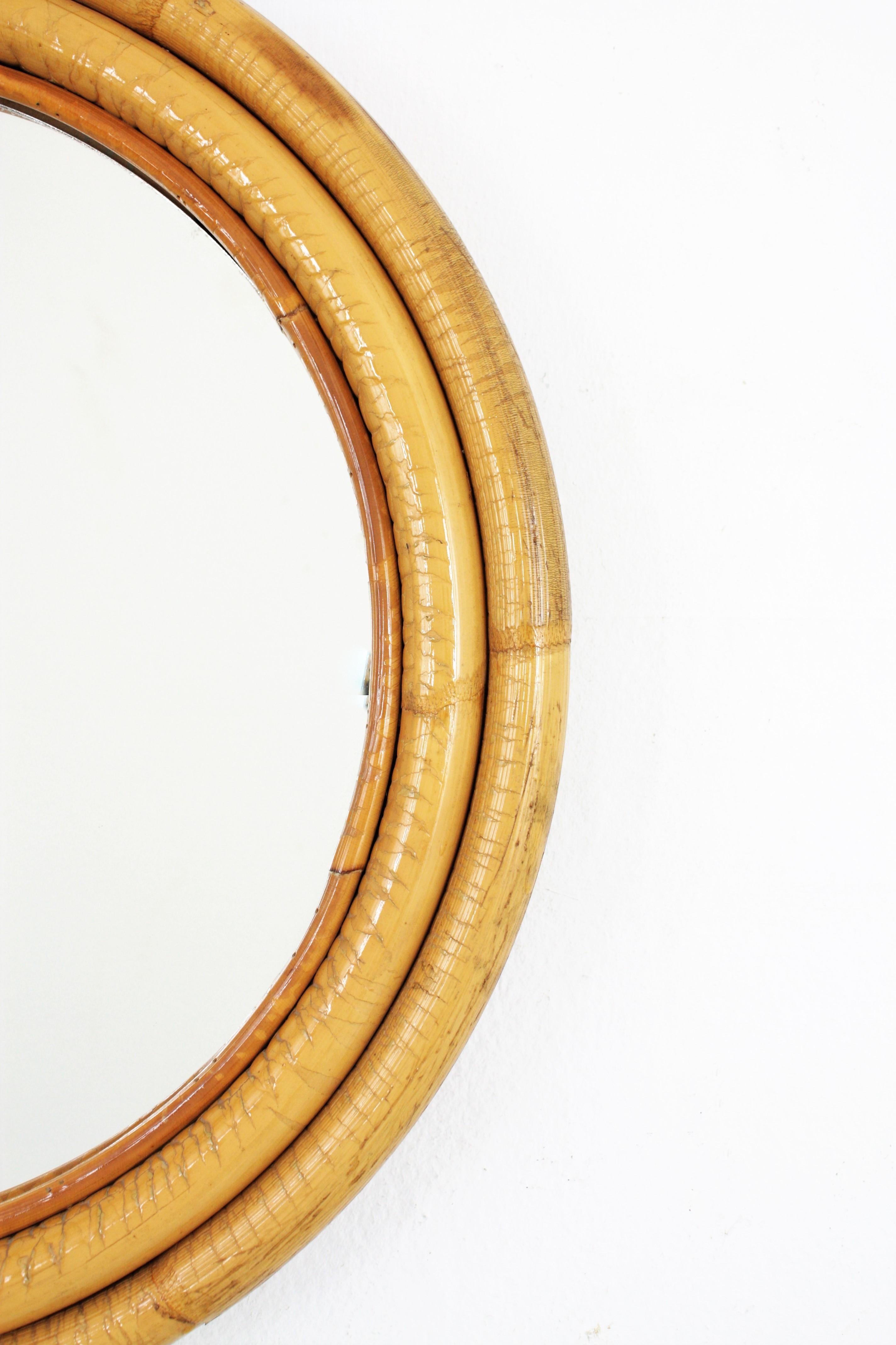 20th Century Spanish Rattan Bamboo Round Mirror, 1960s For Sale