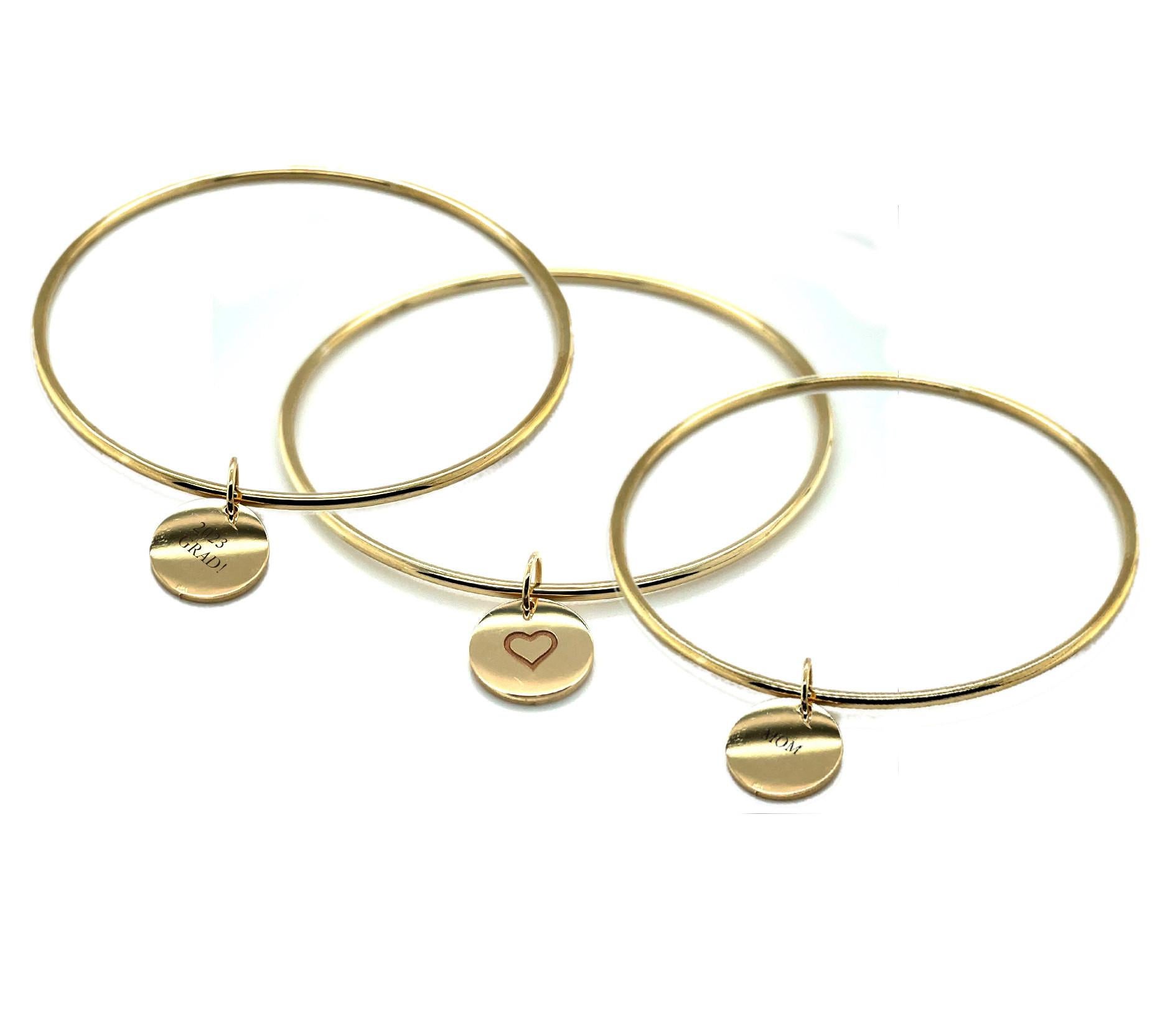 Artisan Round Bangle Bracelet with Engravable Charm in 14k Yellow Gold For Sale