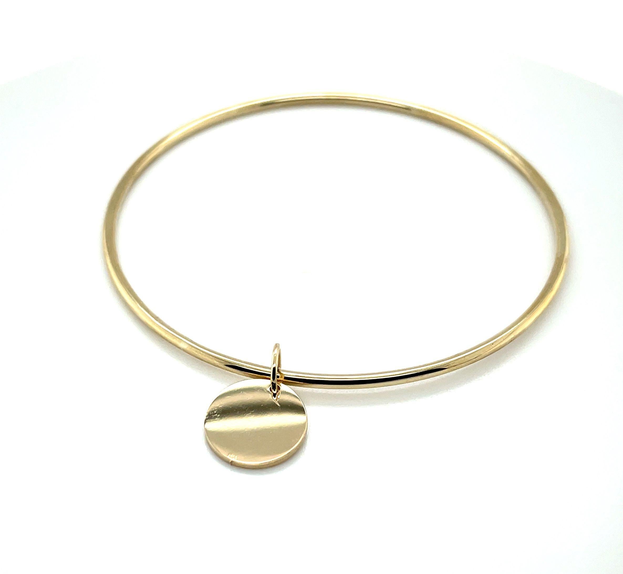 Women's or Men's Round Bangle Bracelet with Engravable Charm in 14k Yellow Gold For Sale