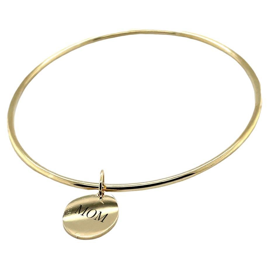 Round Bangle Bracelet with Engravable Charm in 14k Yellow Gold For Sale