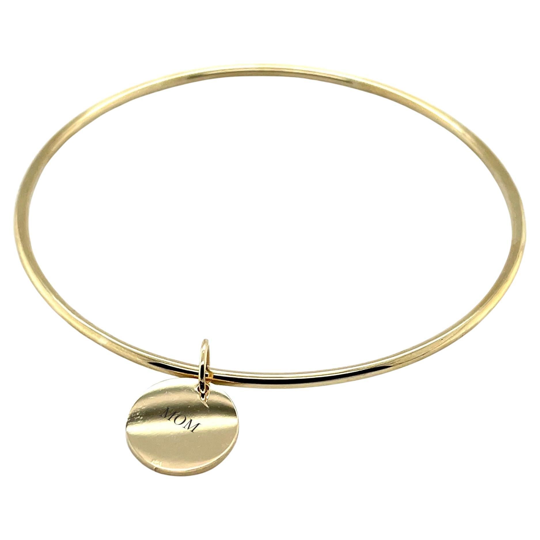 Round Bangle Bracelet with Engravable Charm in 14k Yellow Gold For Sale