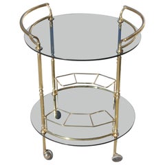 Round Bar Cart Brass and Grey Glass Italian Design 1970 Trolley Liqueur Curved