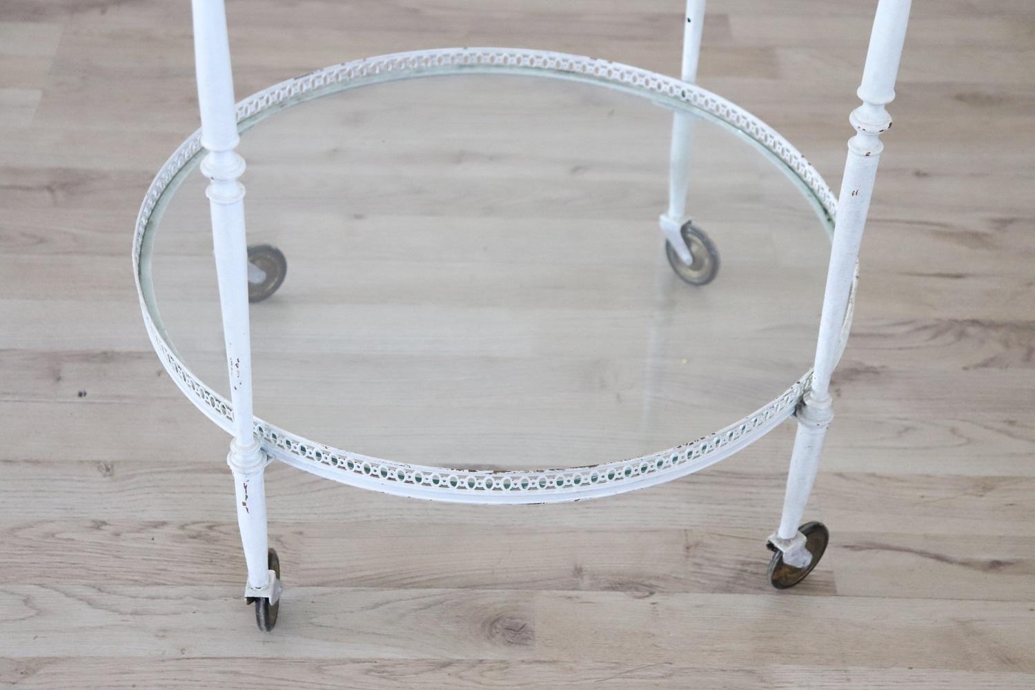 Italian Round Bar Cart in White Lacquered Brass and Two Glass Tops, 1980s For Sale