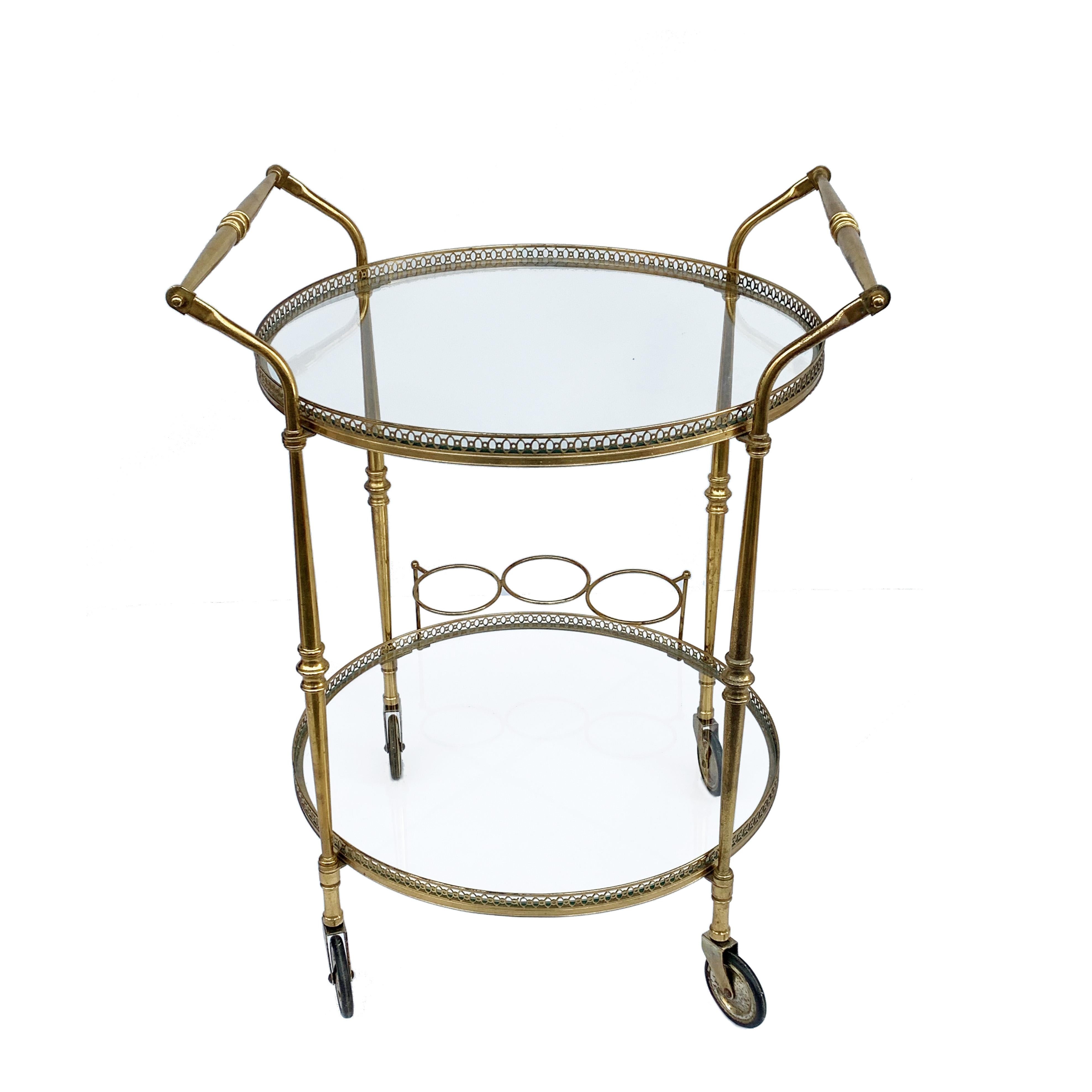 Mid-Century Modern Round Bar Trolley of Maison Baguès, Bar Cart with Bottle Holder, France, 1950s For Sale