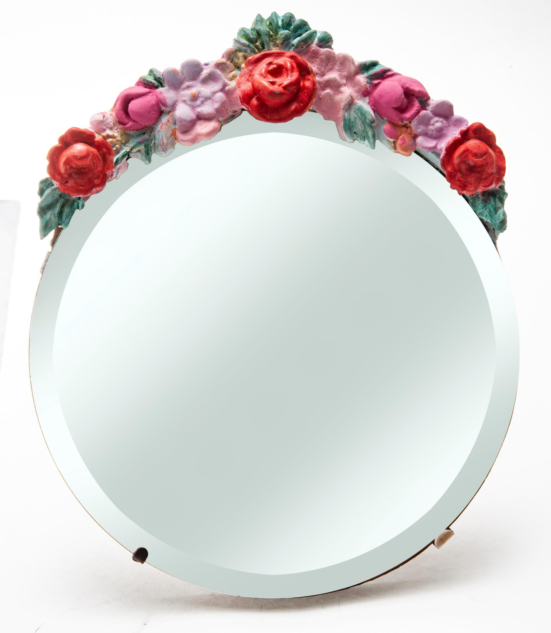 Round Barbola Floral Table Easel with Beveled Mirror  In Good Condition For Sale In Malibu, CA
