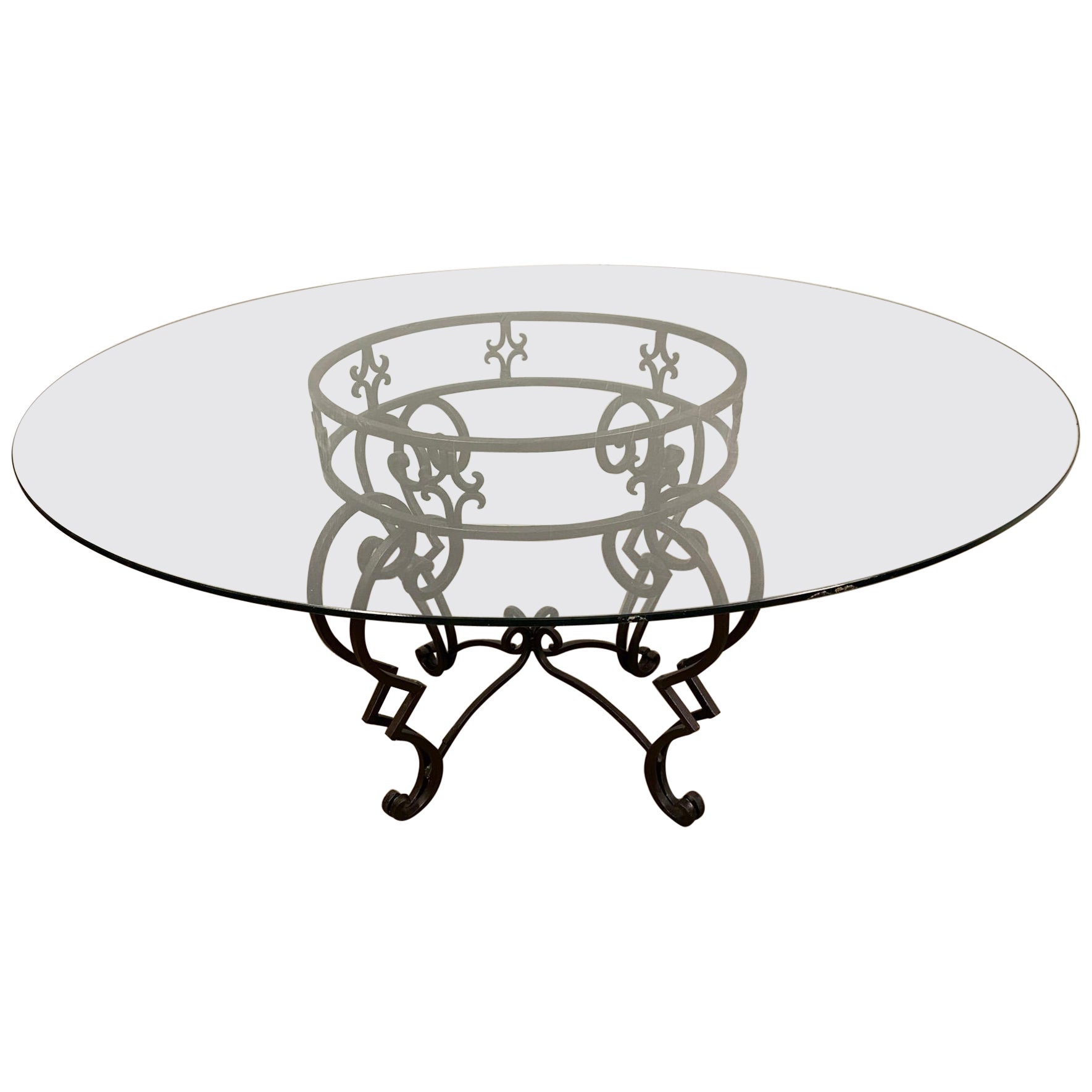 Round Baroque Style Metal Base and Glass Top Dining Table