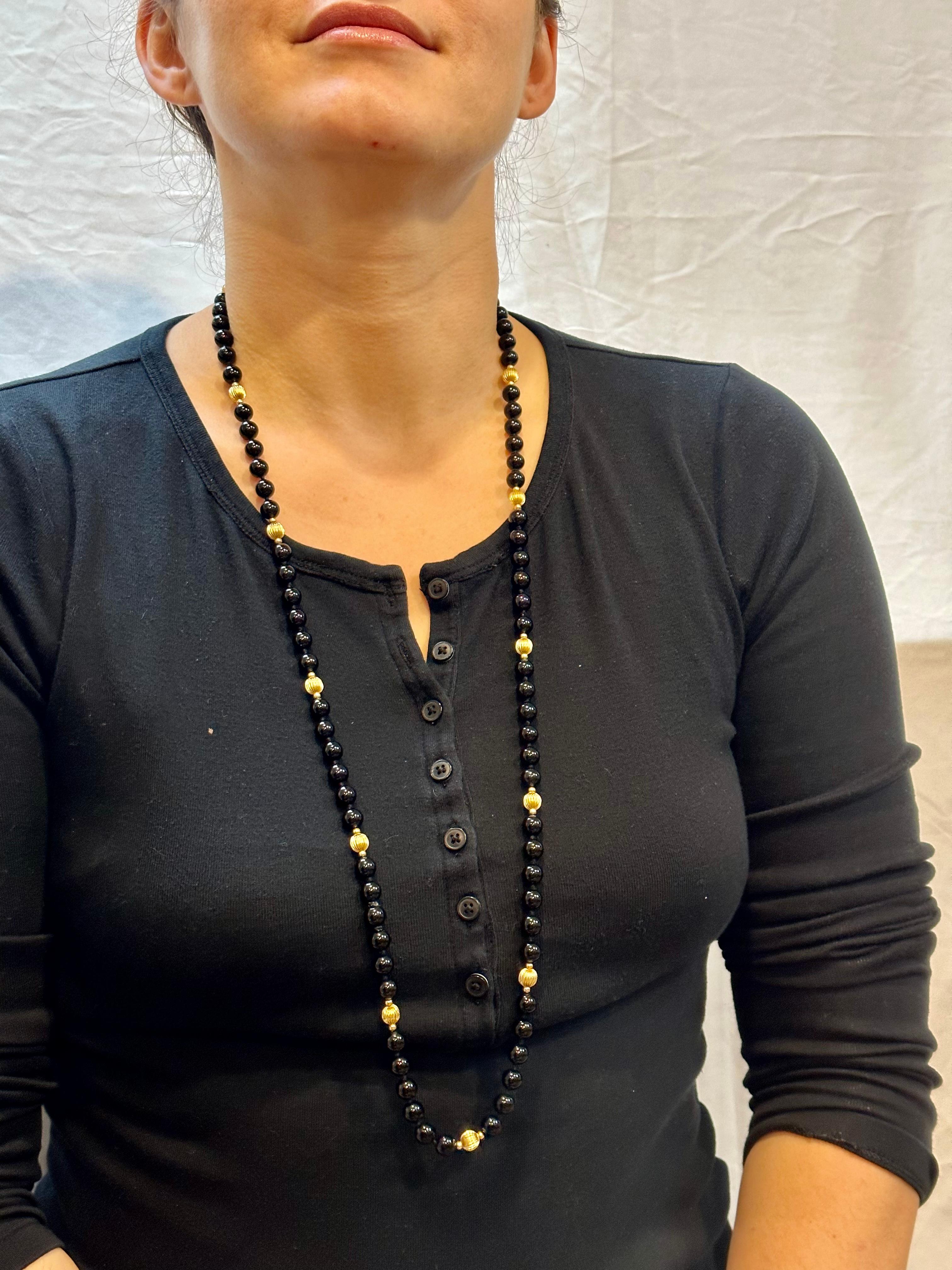 Runde Perle Schwarzer Onyx & 14 Karat Gold Perlenkette 5