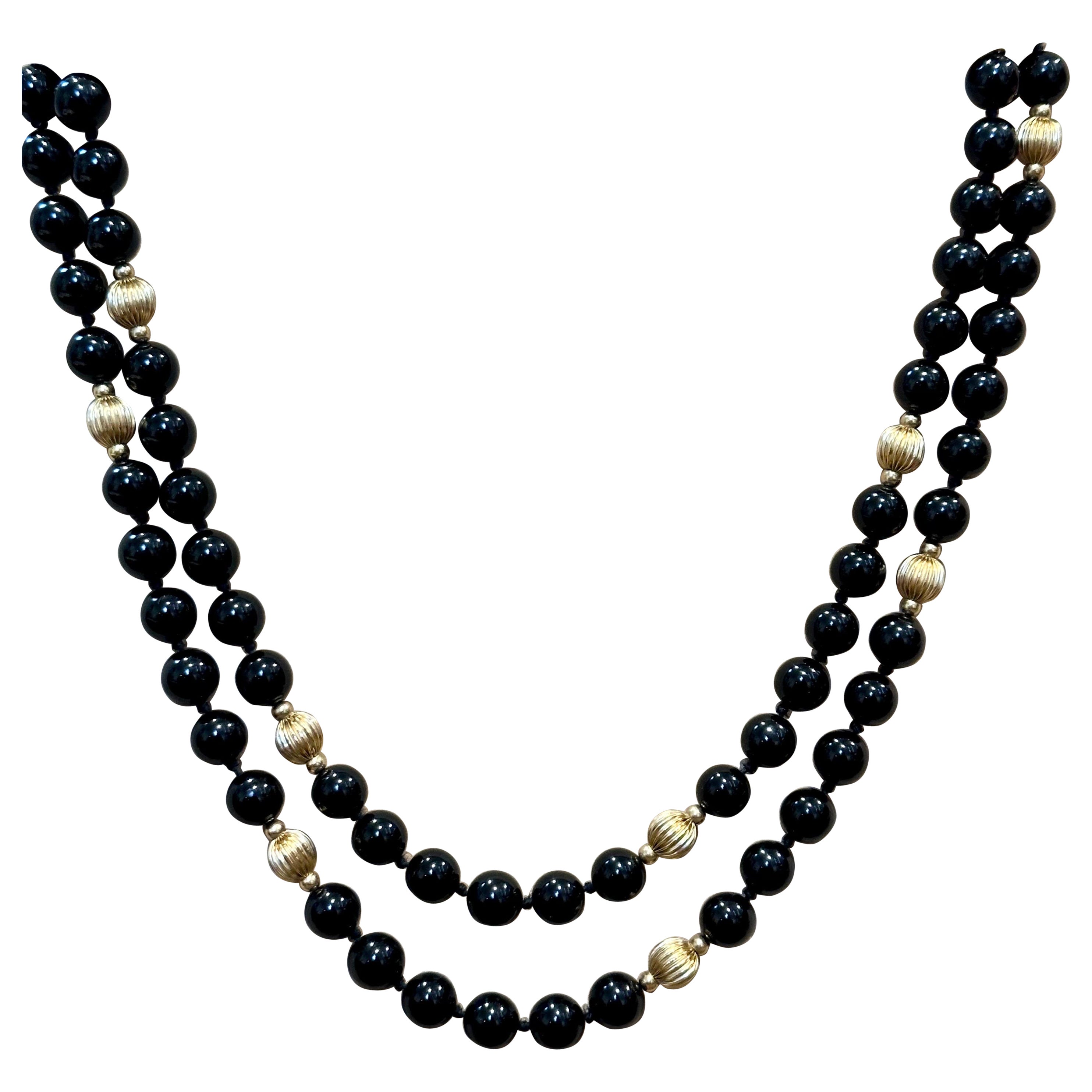 Round Bead Black Onyx & 14 Karat Gold Bead Necklace For Sale