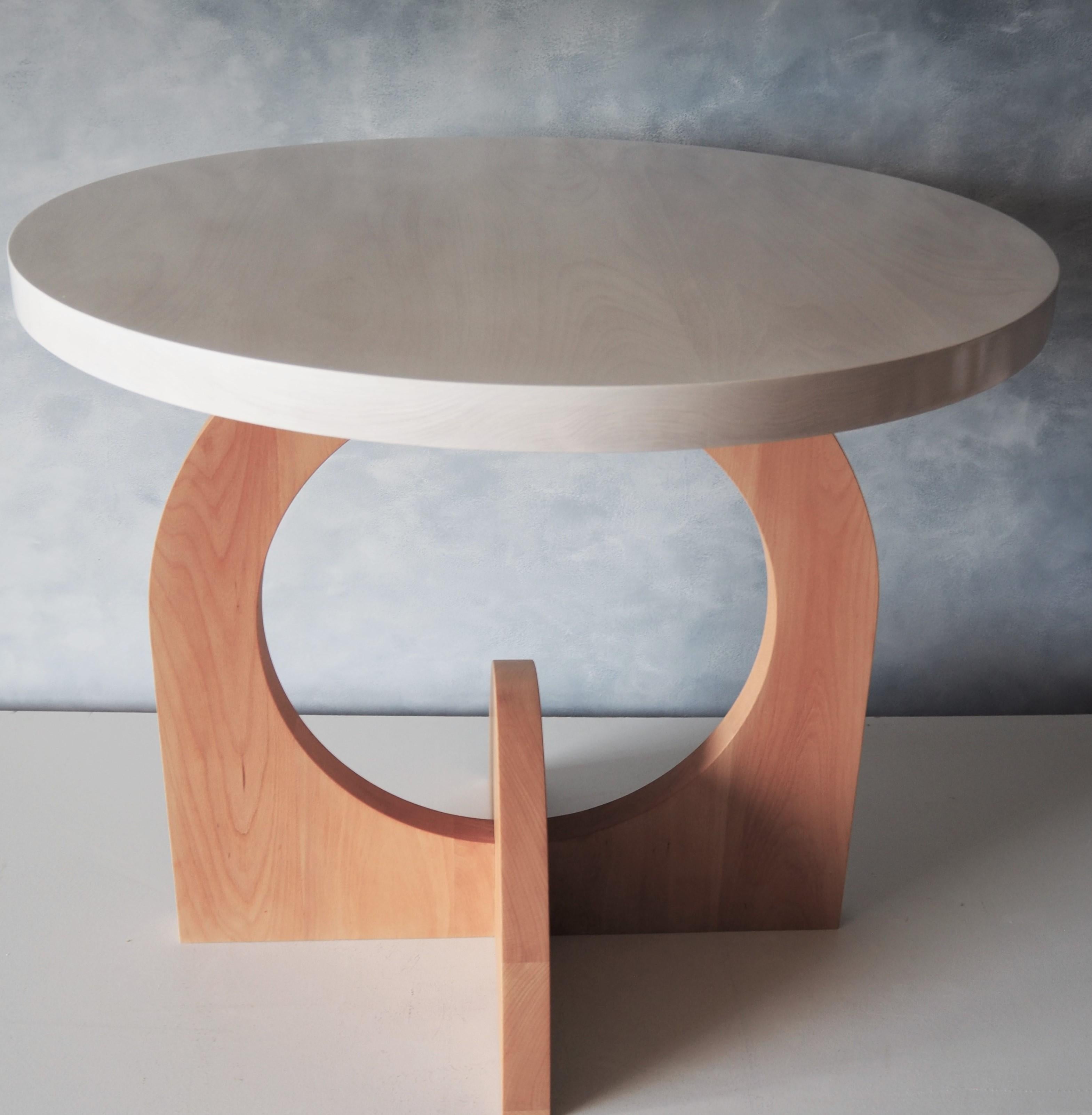 Bleached White and Beech Round Crescent Dining Table by MSJ Furniture Studio