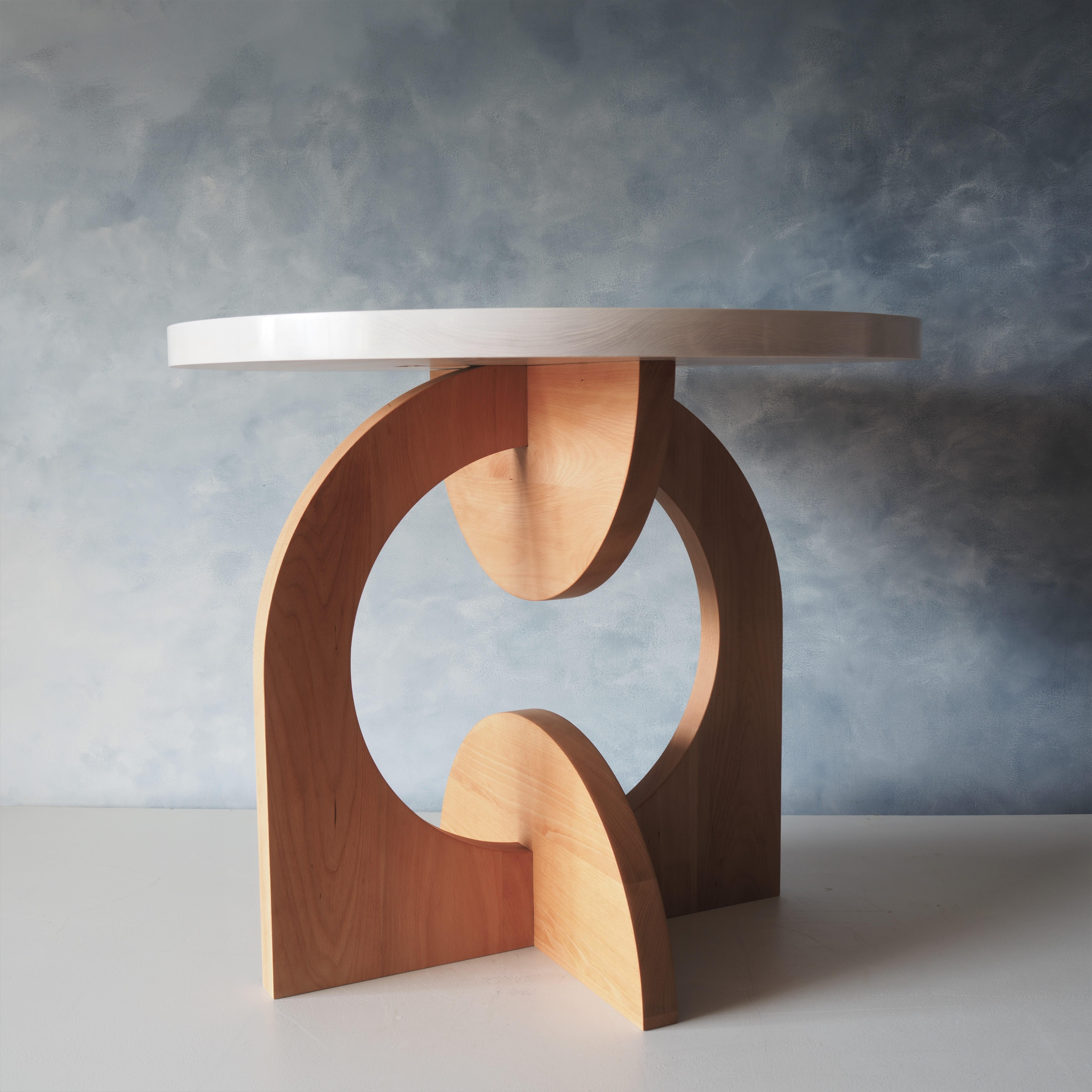 Contemporary White and Beech Round Dual Crescent Dining Table by MSJ Furniture Studio