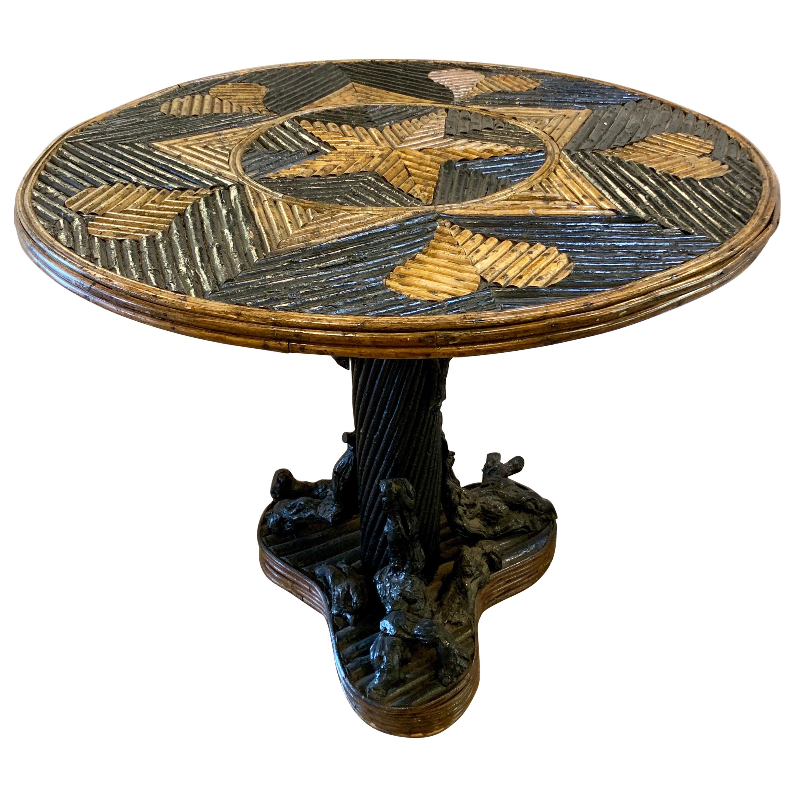 Round Bent Willow Twig Table with Star and Hearts Inlay Adirondack Style