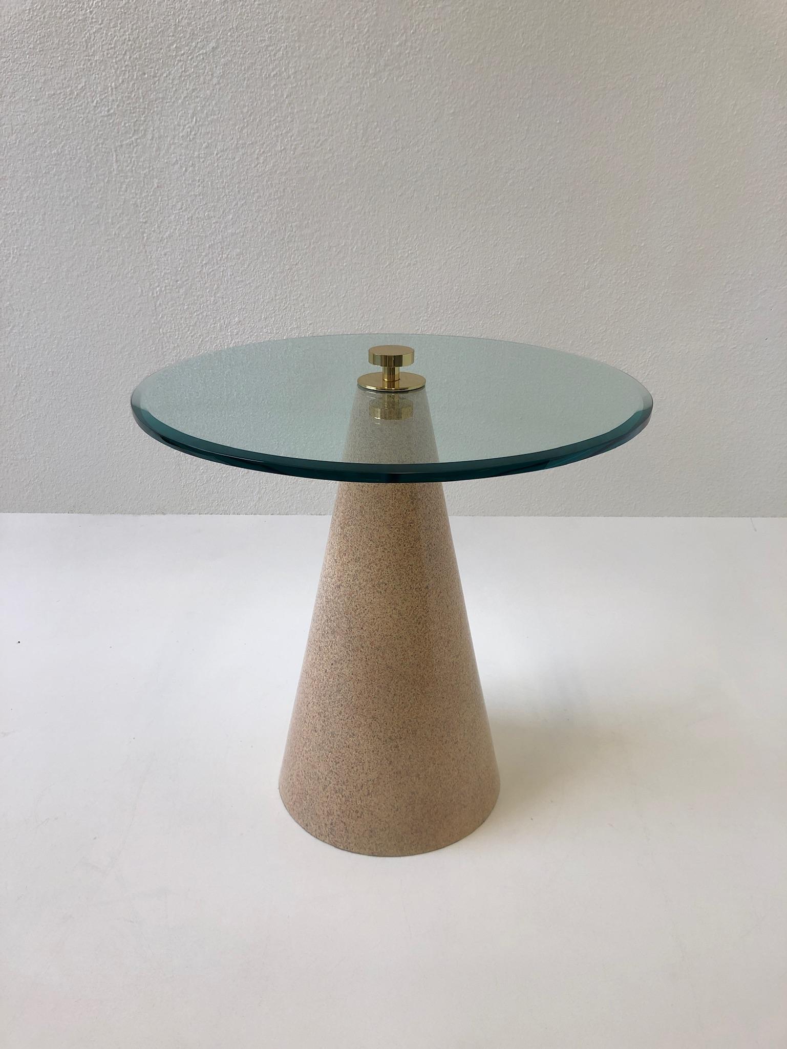 Round Beveled Glass and Faux Granite Lacquered Cone Shape Side Table In Good Condition For Sale In Palm Springs, CA