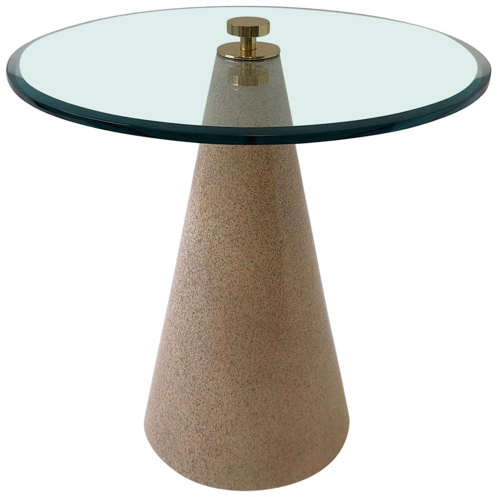 Round Beveled Glass and Faux Granite Lacquered Cone Shape Side Table
