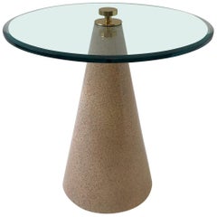 Vintage Round Beveled Glass and Faux Granite Lacquered Cone Shape Side Table