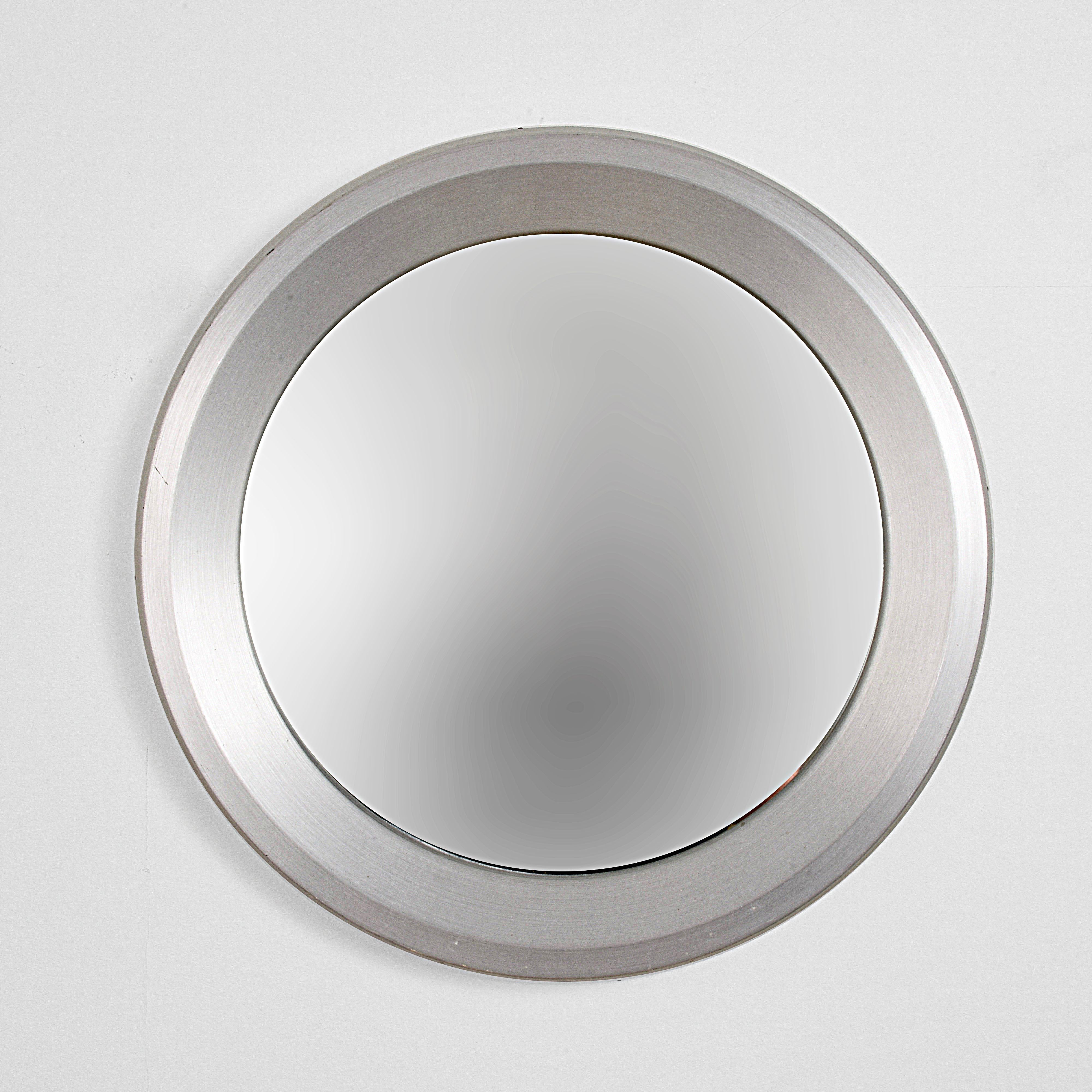 Mid-Century Modern Round Beveled Mirror, Aluminum Frame, 1960s Midcentury, Italy, Artemide Style