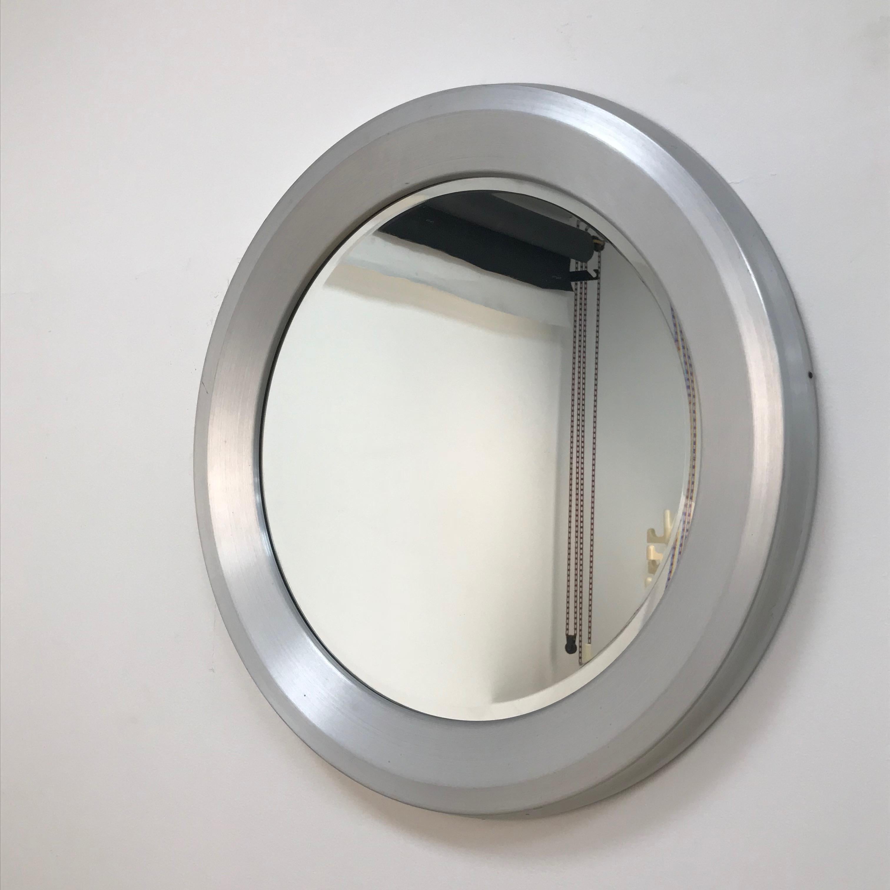 Italian Round Beveled Mirror, Aluminum Frame, 1960s Midcentury, Italy, Artemide Style