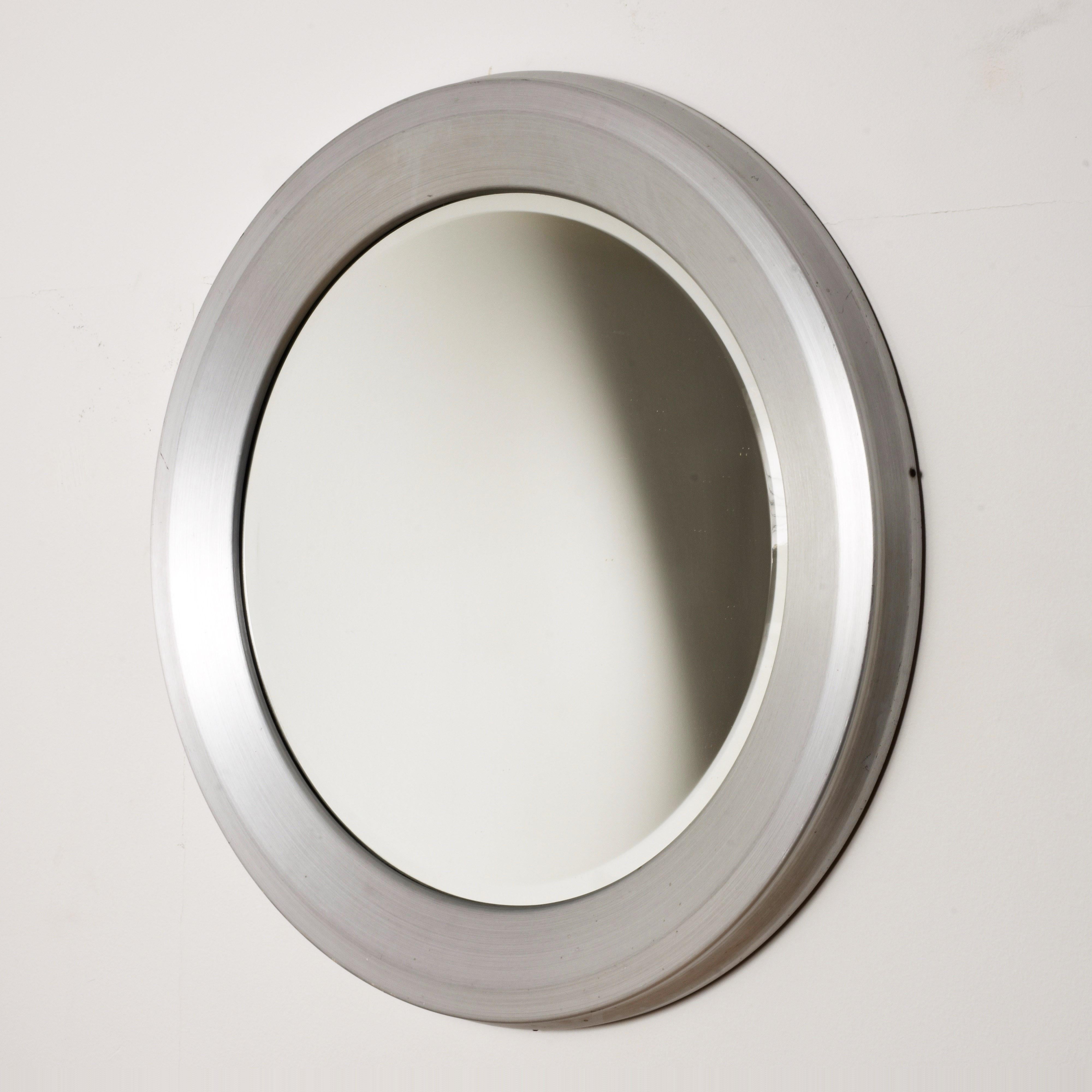 Mid-20th Century Round Beveled Mirror, Aluminum Frame, 1960s Midcentury, Italy, Artemide Style