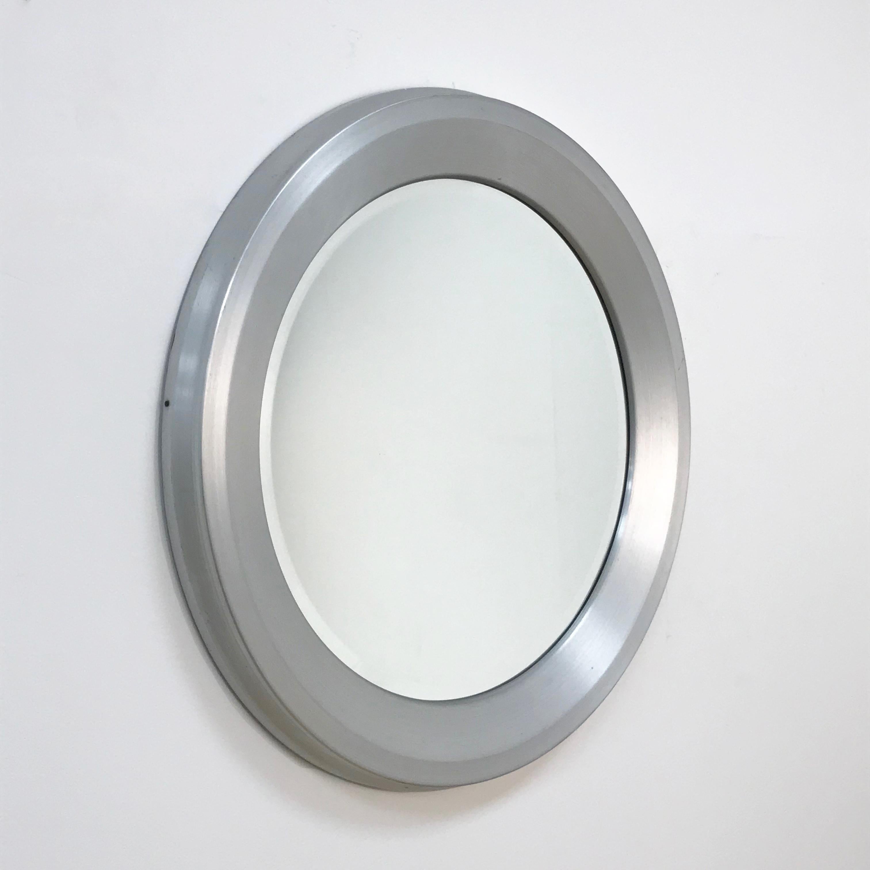 Round Beveled Mirror, Aluminum Frame, 1960s Midcentury, Italy, Artemide Style 1