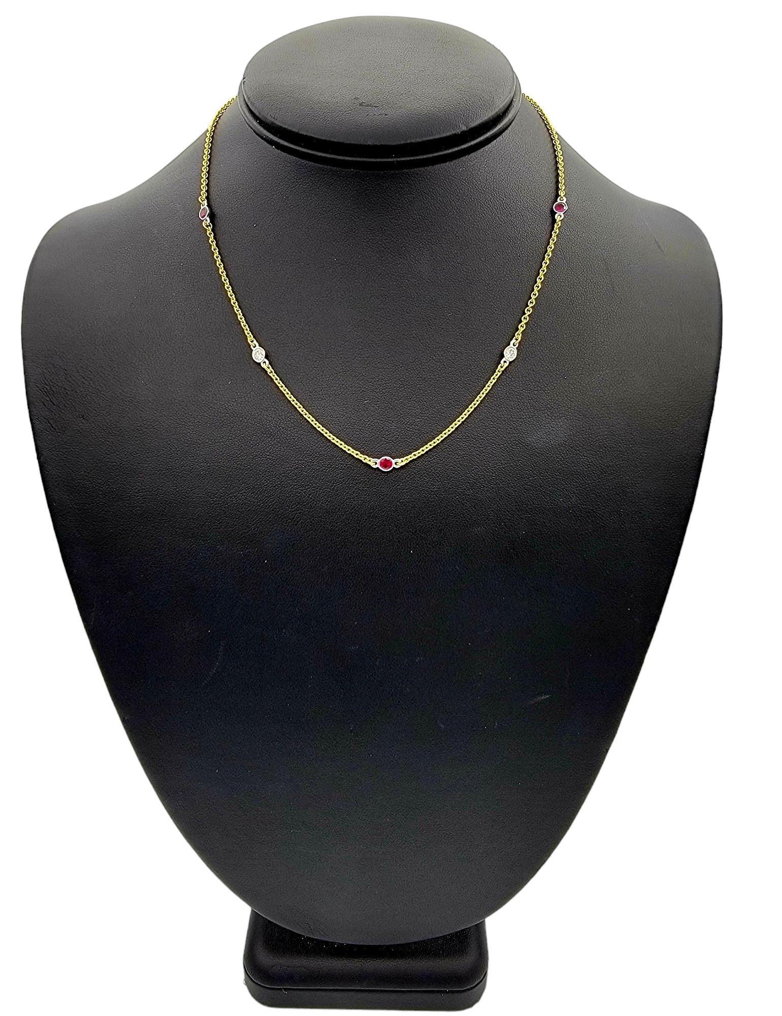 Round Bezel Set Diamond and Ruby Station Necklace Set in 18 Karat Yellow Gold For Sale 4