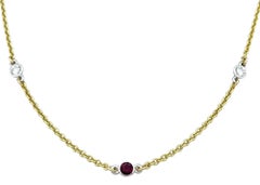 Round Bezel Set Diamond and Ruby Station Necklace Set in 18 Karat Yellow Gold