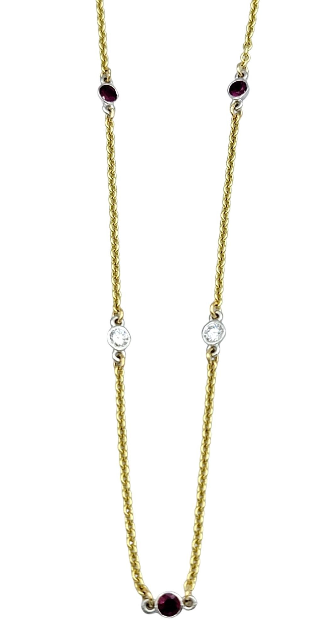 Round Cut Round Bezel Set Diamond and Ruby Station Necklace Set in 18 Karat Yellow Gold For Sale