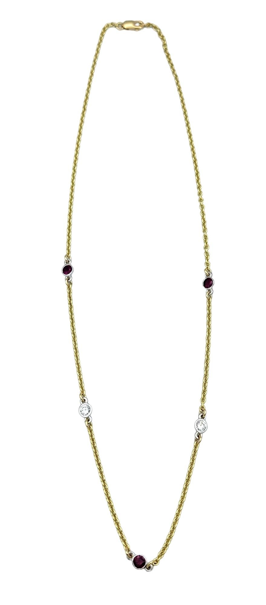 Women's Round Bezel Set Diamond and Ruby Station Necklace Set in 18 Karat Yellow Gold For Sale