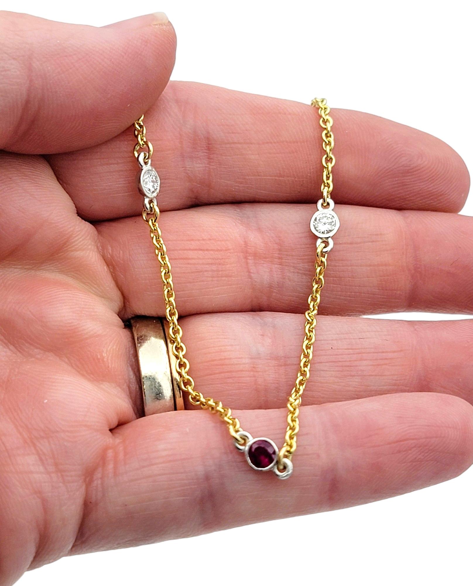 Round Bezel Set Diamond and Ruby Station Necklace Set in 18 Karat Yellow Gold For Sale 3