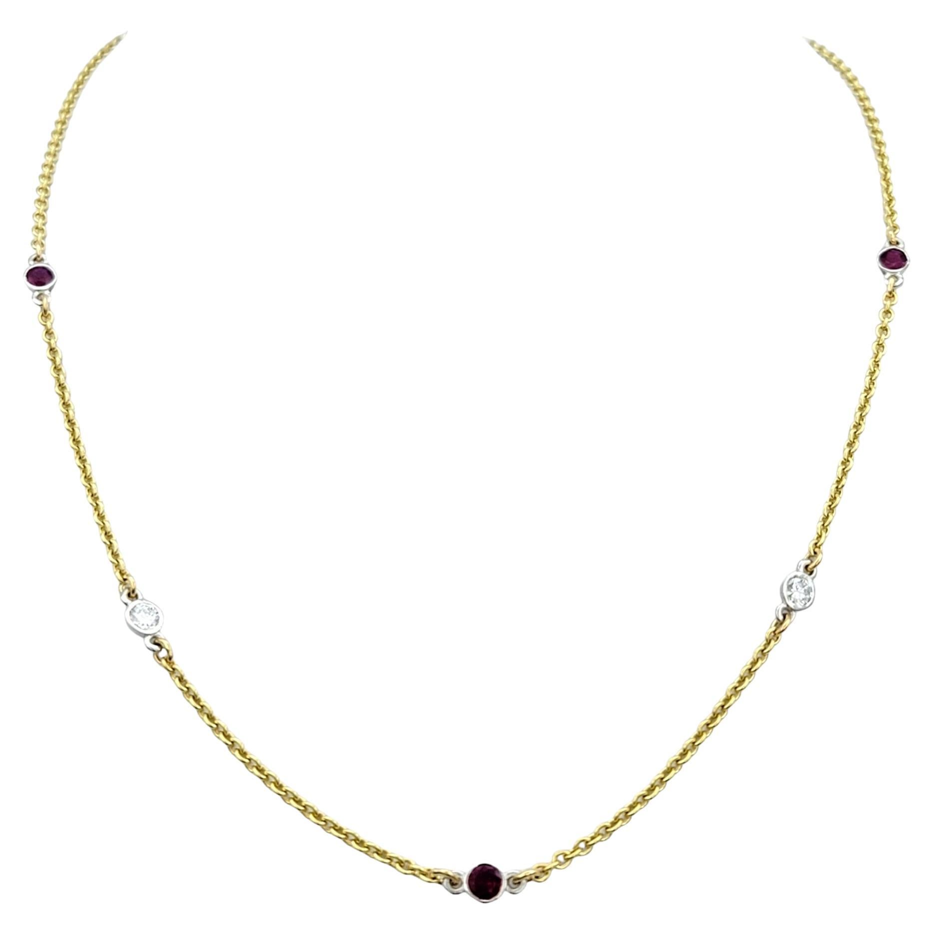 Round Bezel Set Diamond and Ruby Station Necklace Set in 18 Karat Yellow Gold For Sale